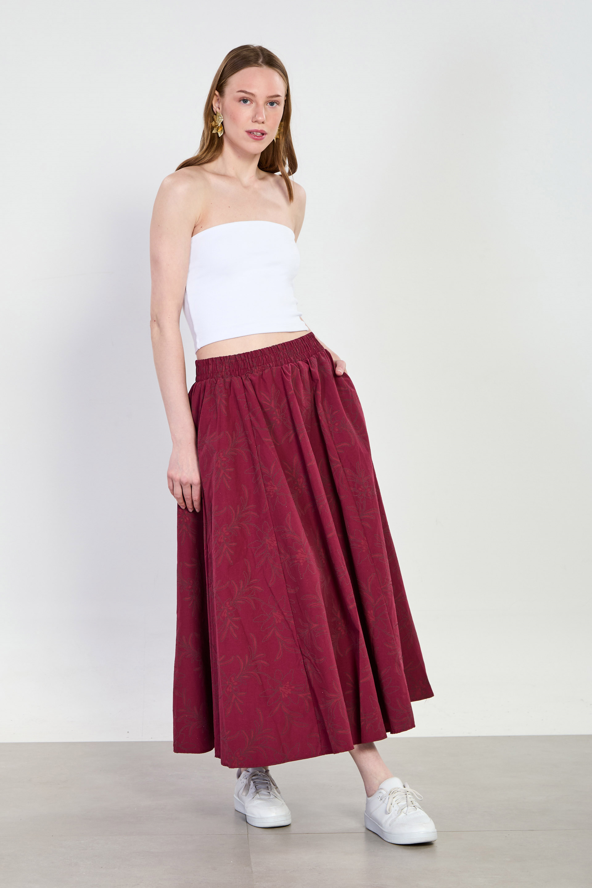 Kadın Çiçek Nakışlı Uzun Vual Etek - Mürdüm