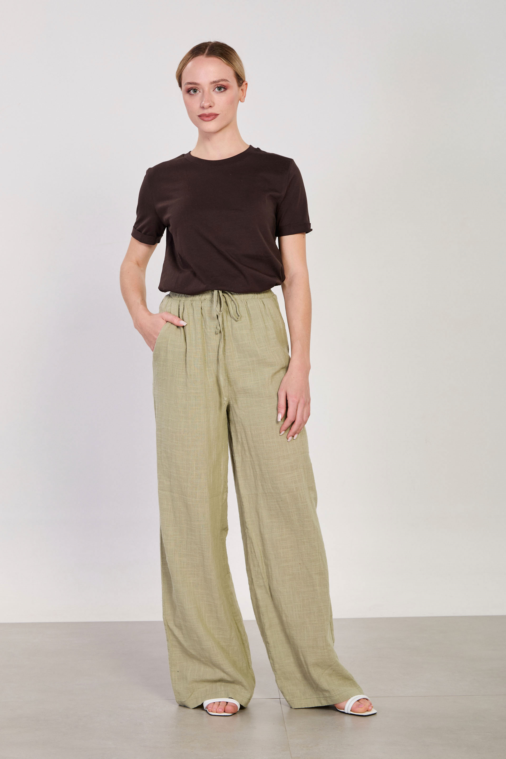 Kadın Beli Bağlamalı Keten Bol Pantolon - Olive