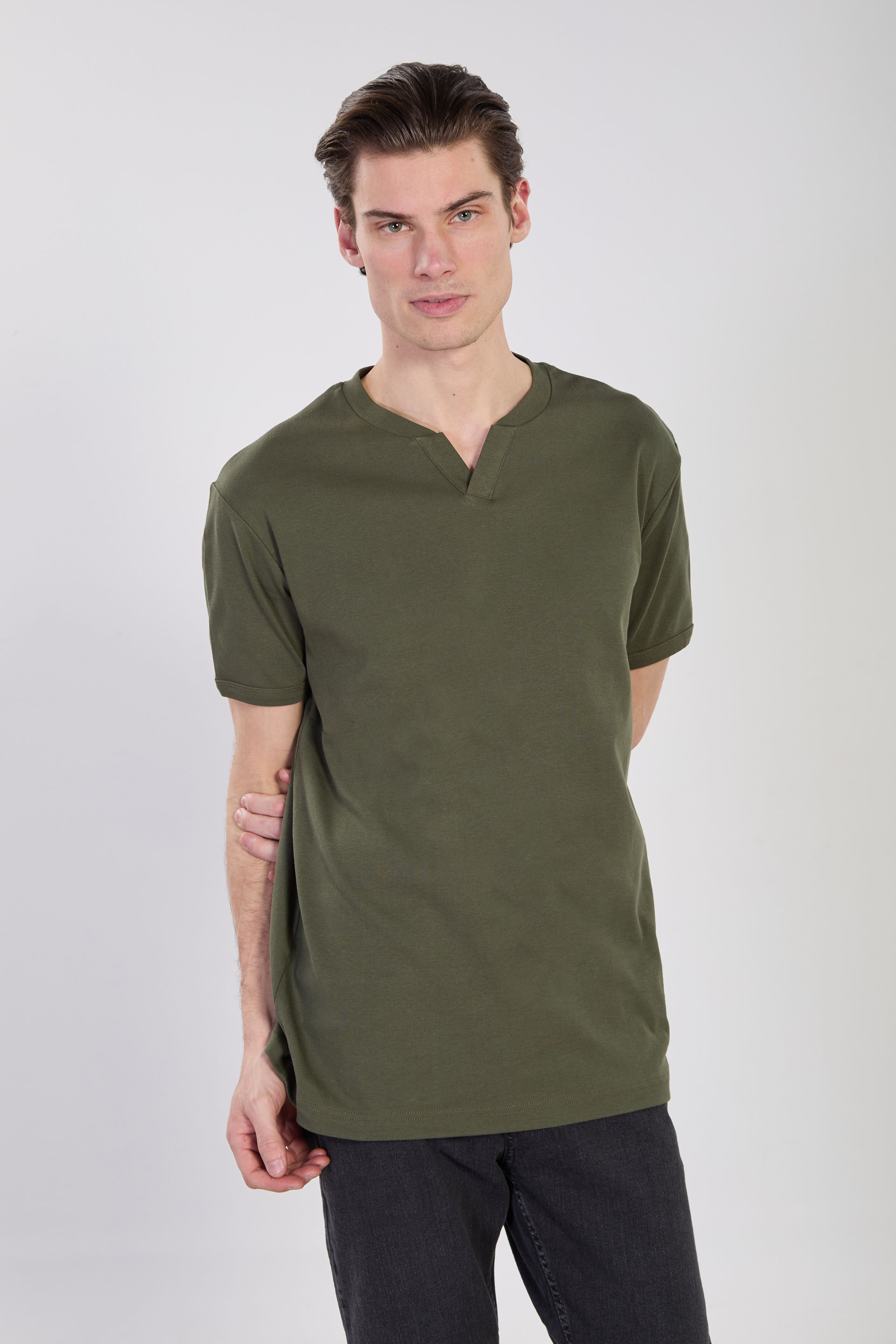 Erkek Yaka Detay Ribana T-Shirt - Haki