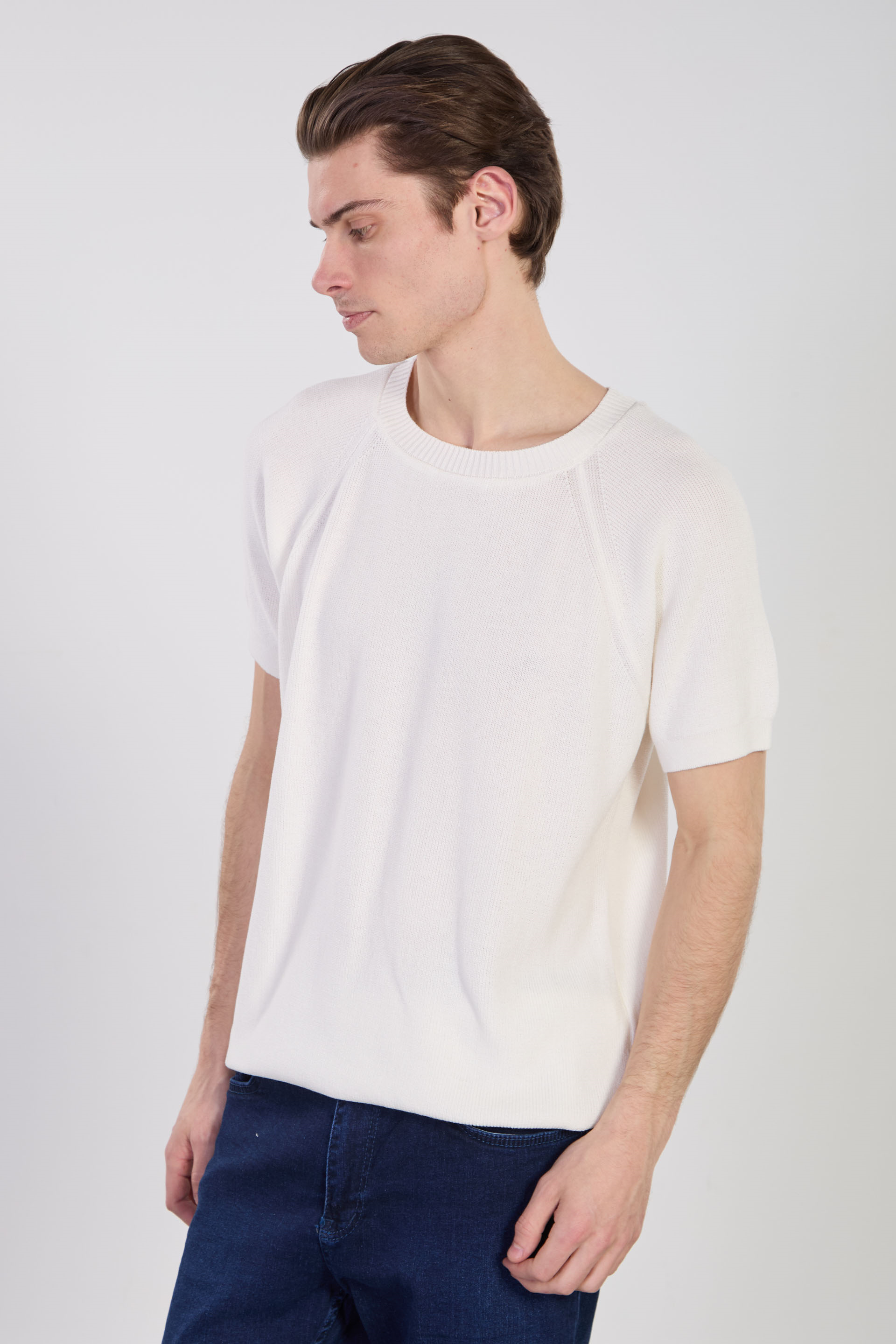 Erkek Yaka Ribanalı Triko T-Shirt - Ekru