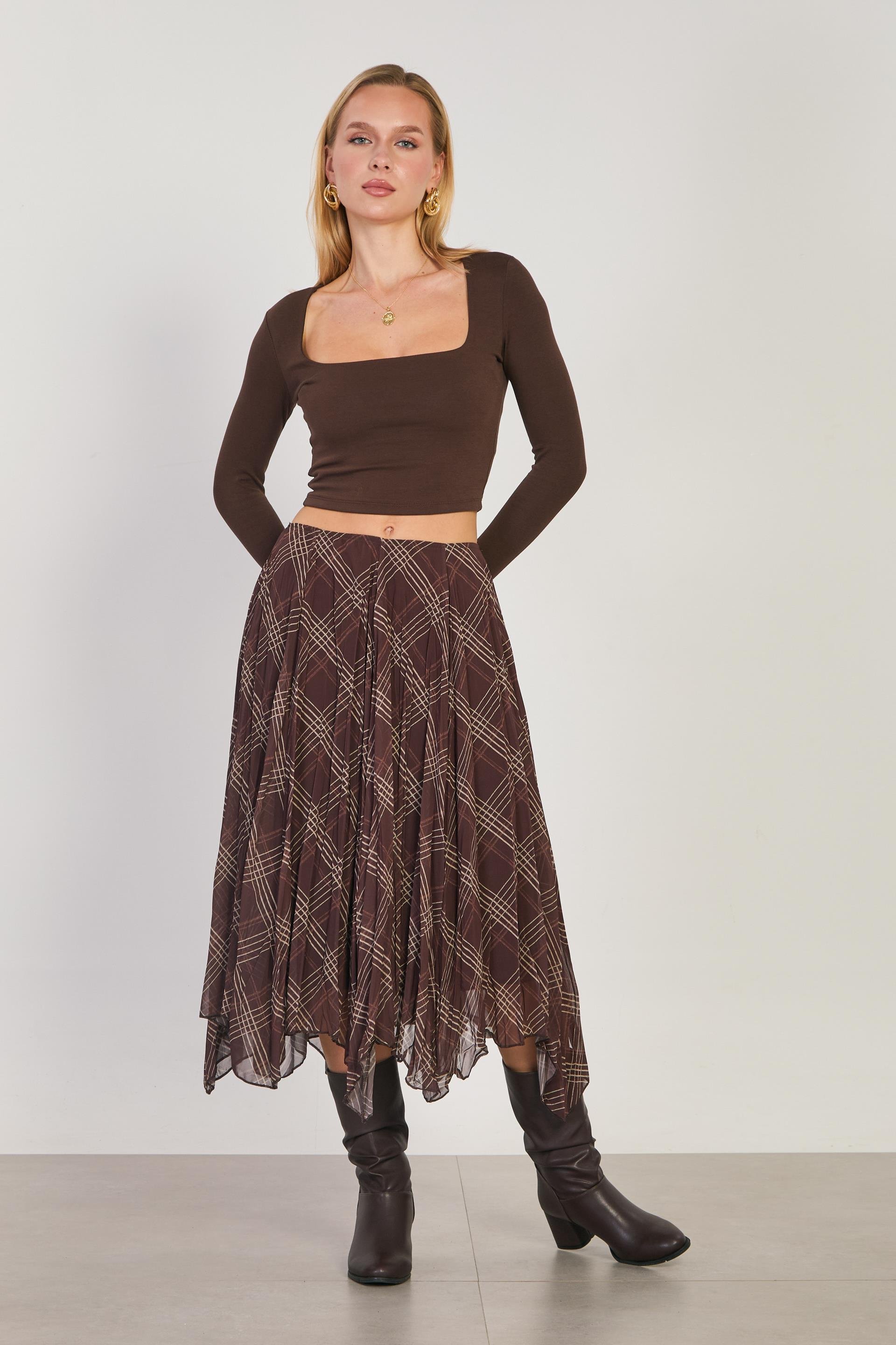 Kadın Asimetrik Kesim Ekose Etek - Kahve