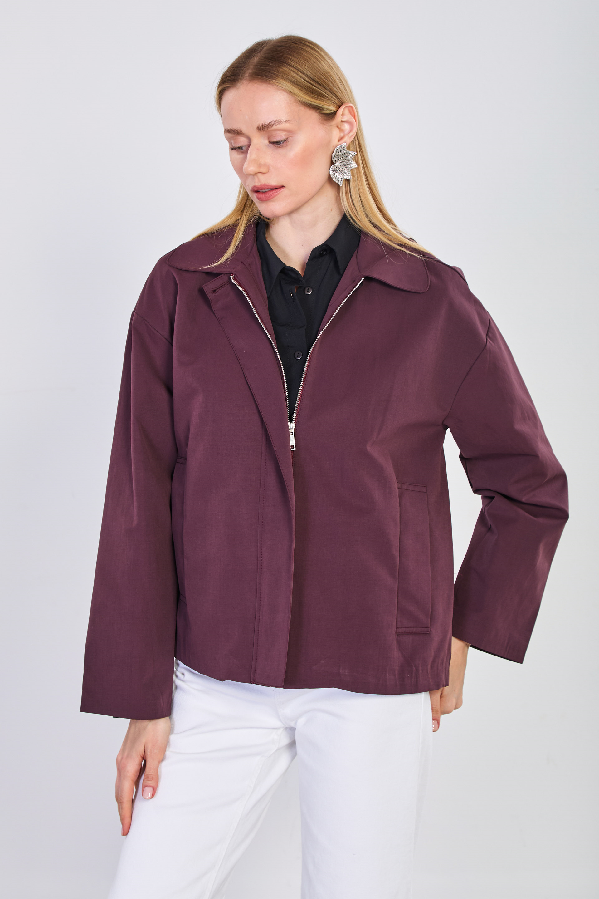 Kadın Polo Yaka Klasik Ceket - Mürdüm