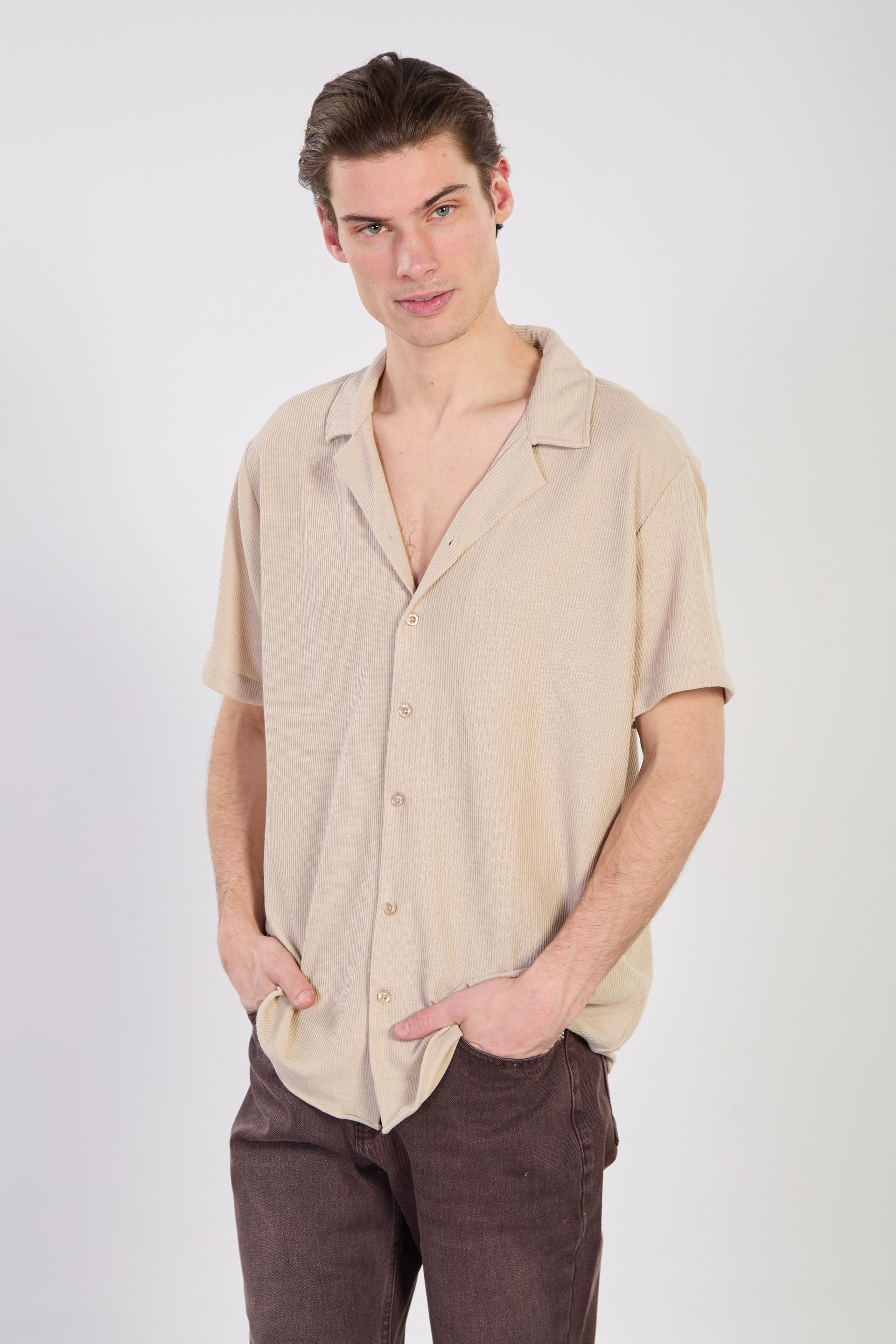 Erkek Kısa Kollu Regular Fit Gömlek - Taş