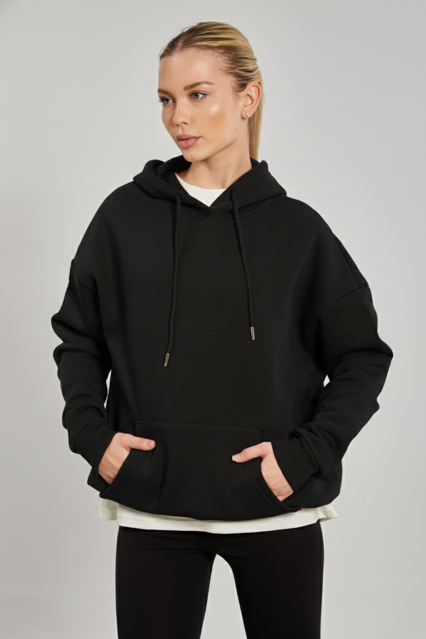 Kadın Kapüşonlu Kanguru Cep Sweatshirt - Siyah