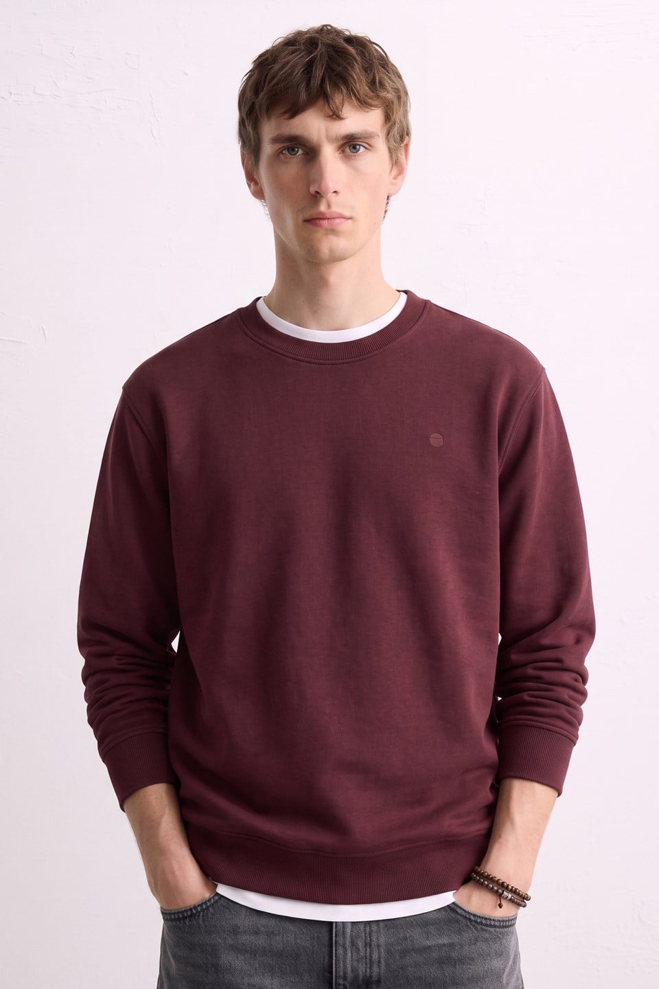 Erkek Göğüs Baskı Detaylı Uzun Kollu Sweatshirt - Bordo