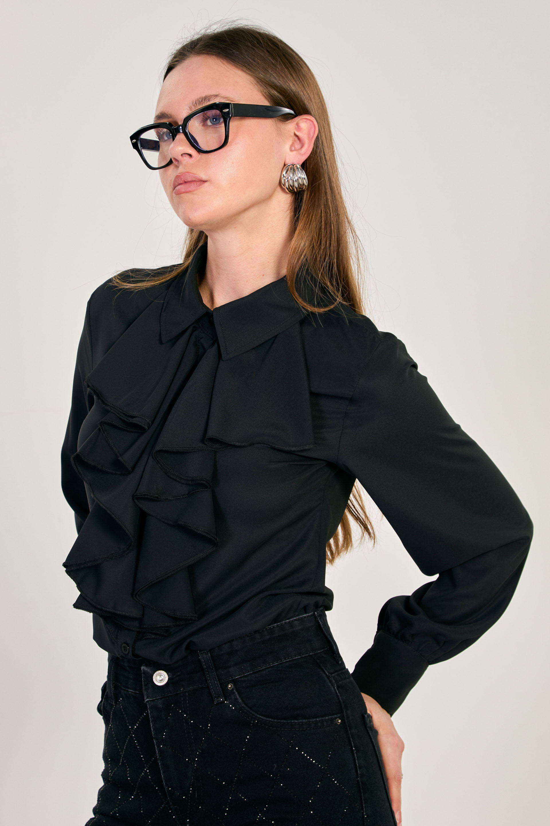 Kadın Önü Fırfırlı Uzun Kollu Gömlek - Siyah