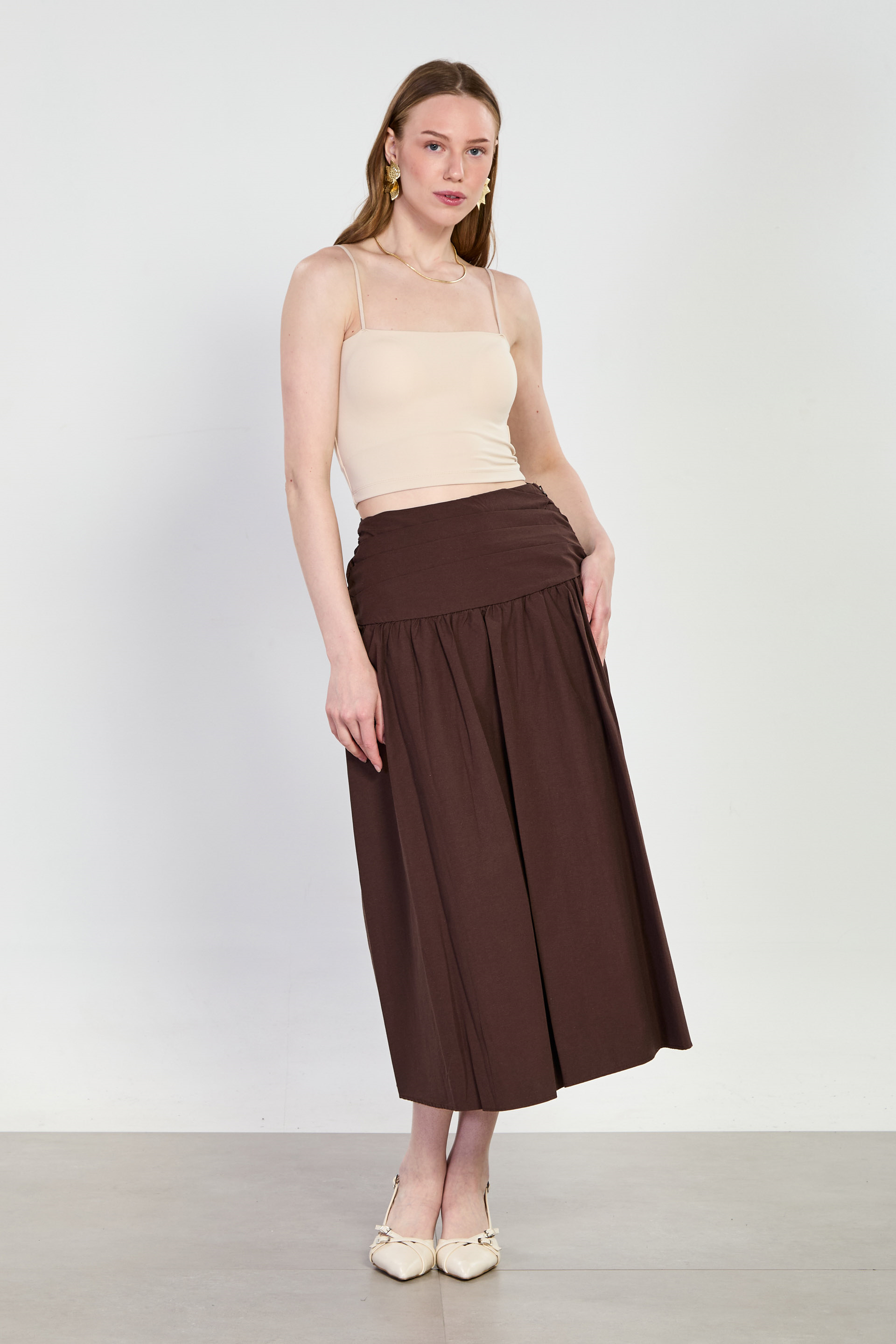 Kadın Beli Gipeli Midi Etek - Acı Kahve