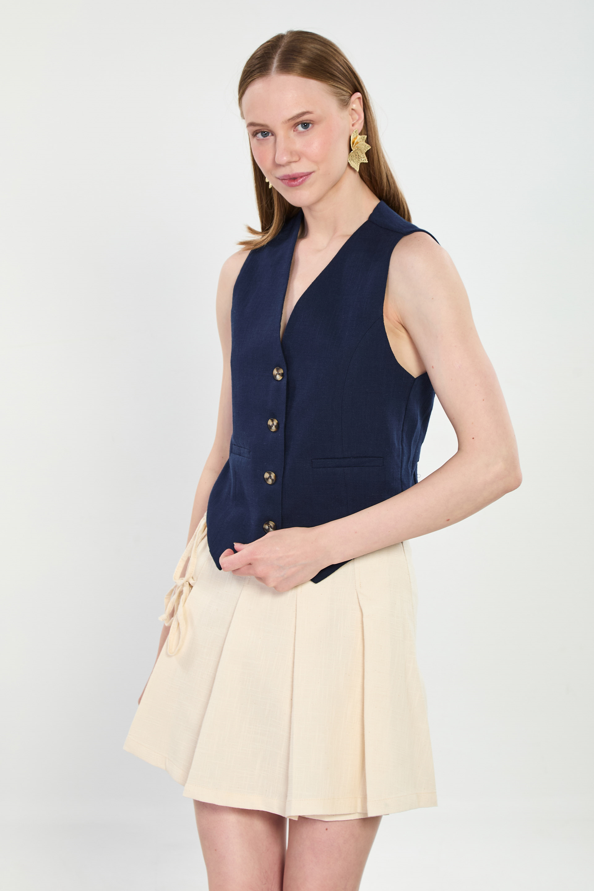 Kadın Fleto Cep Düğmeli Yelek - Lacivert