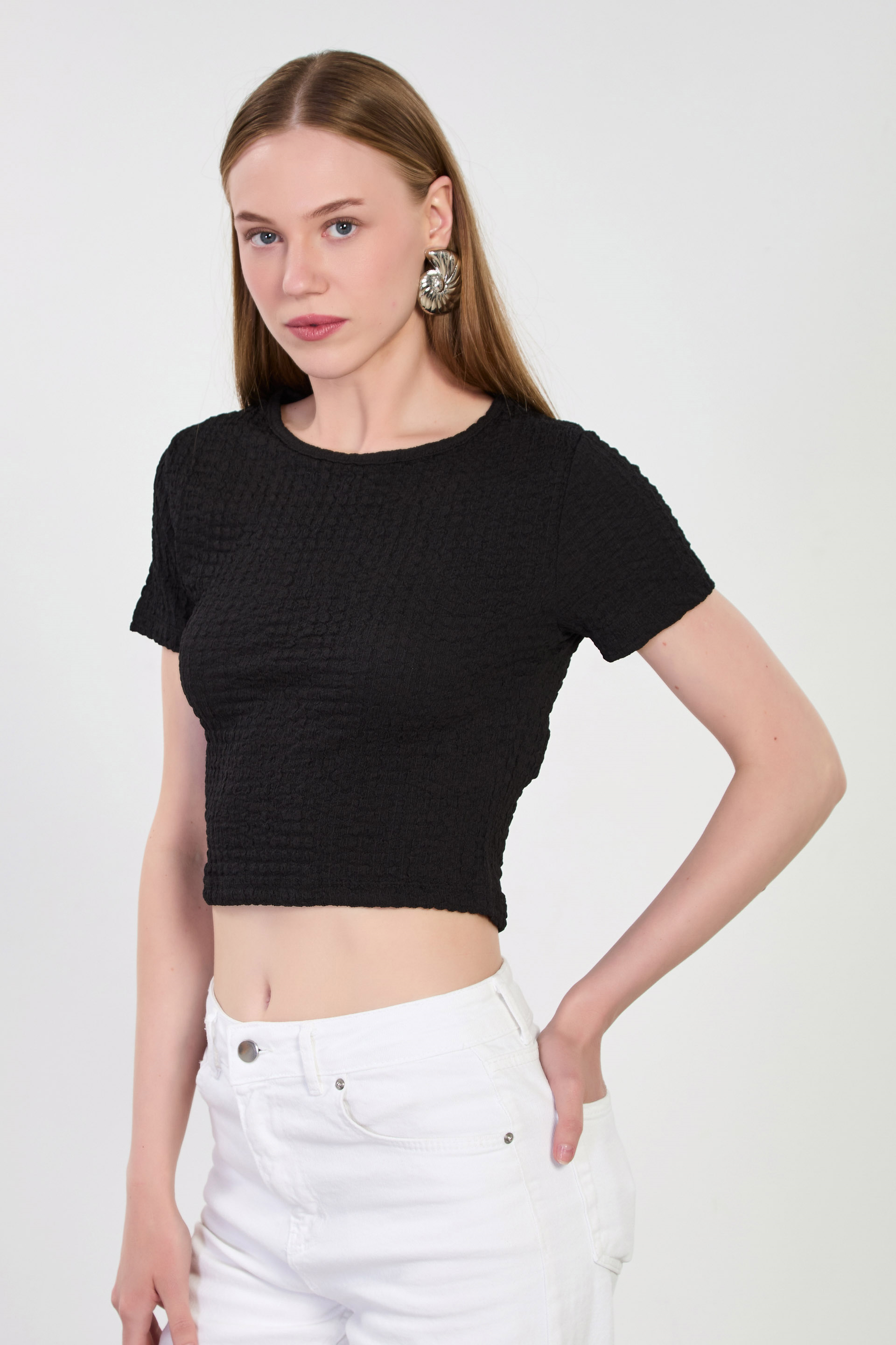 Kadın Kısa Kollu Bubble T-Shirt - Siyah