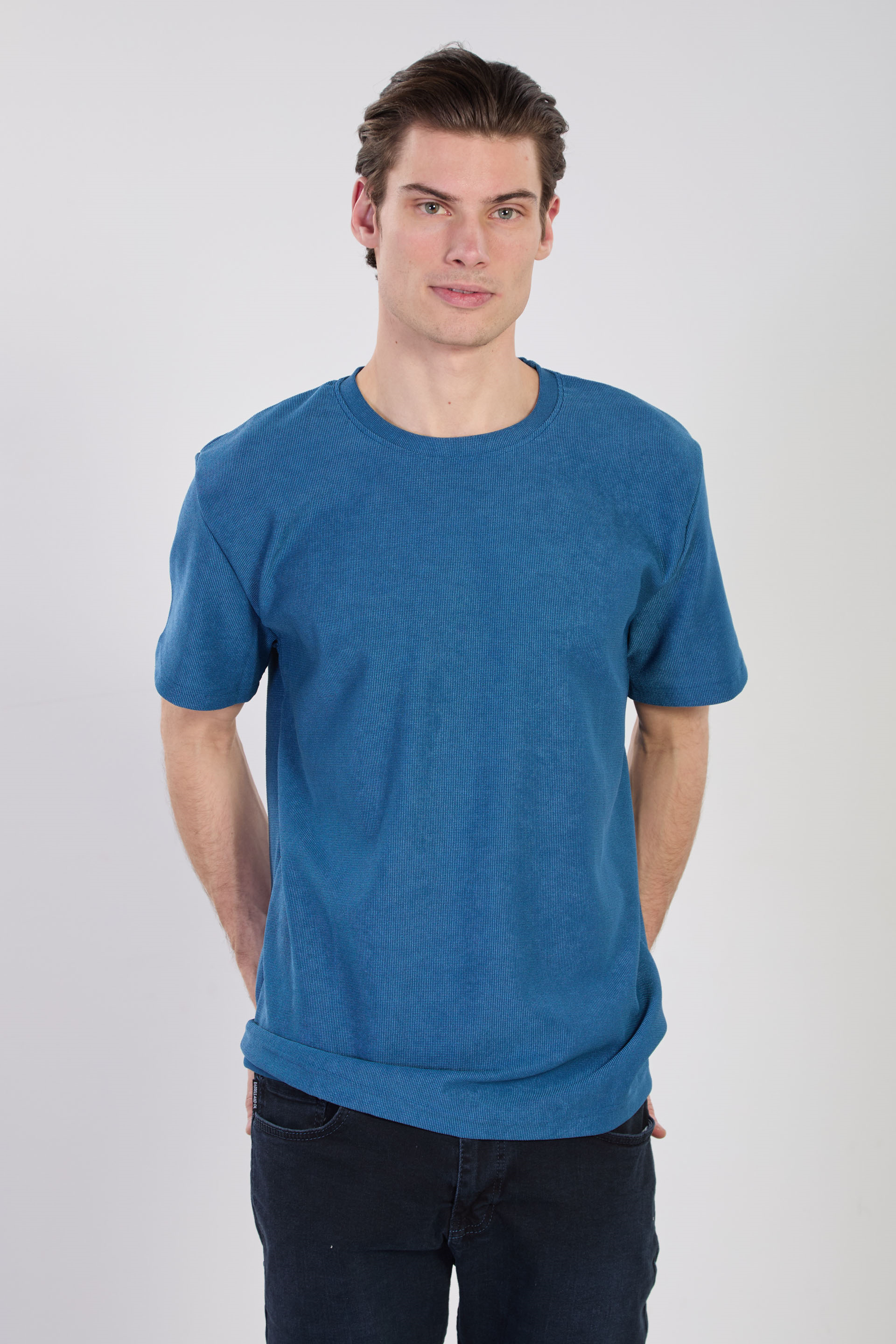 Erkek Bisiklet Yaka Dokulu T-Shirt - Petrol