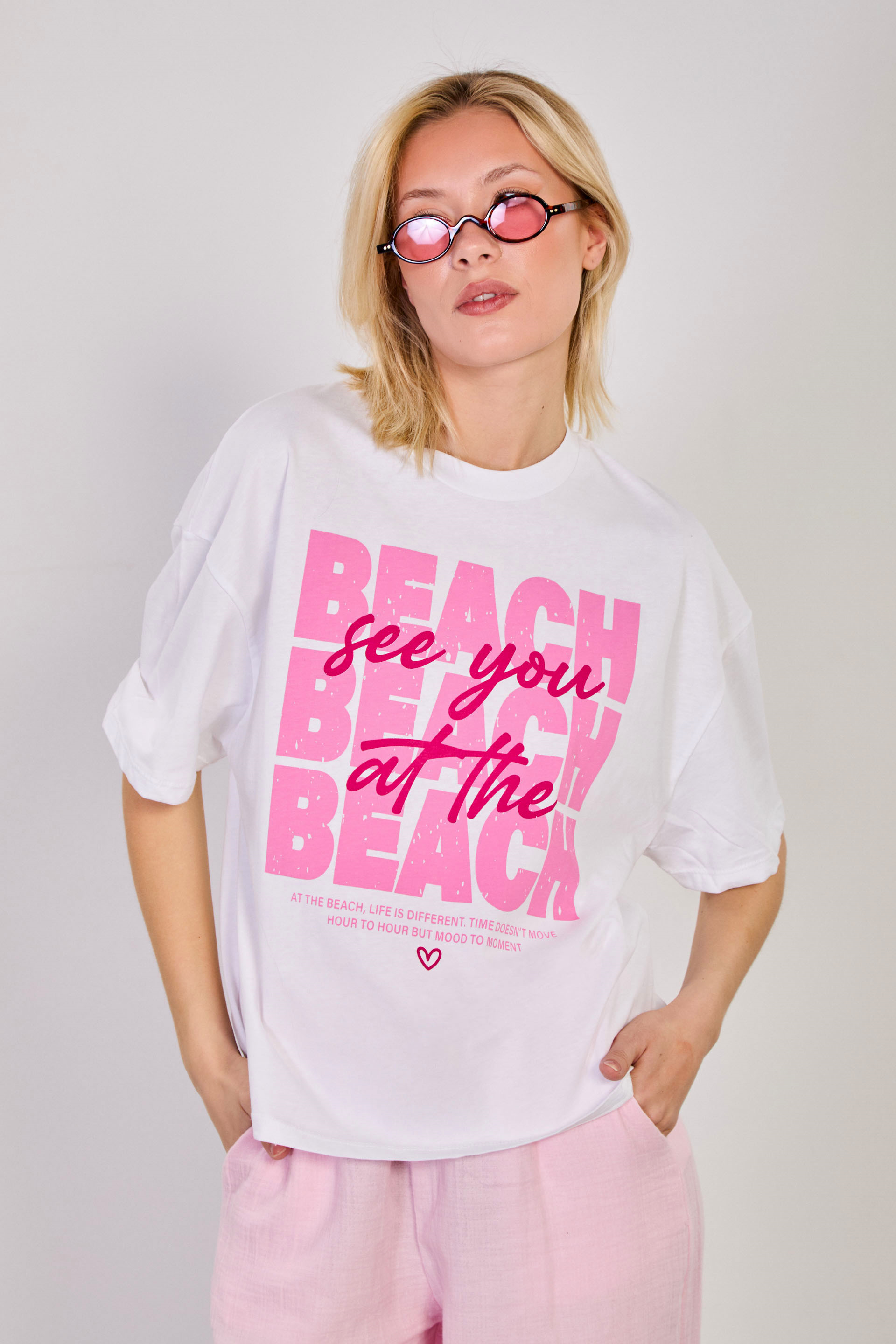Kadın Beach Yazılı Oversize T-Shirt - Beyaz