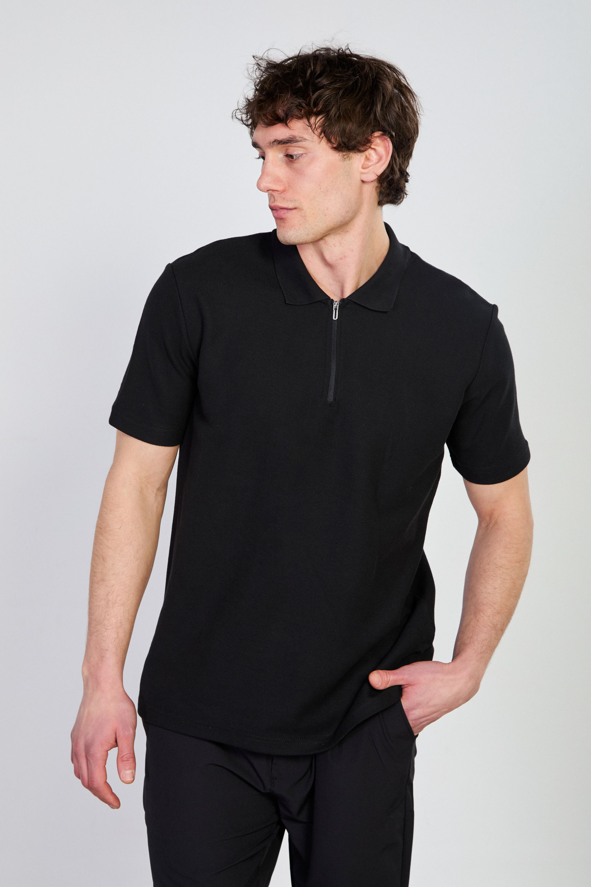 Erkek Fermuarlı Polo Yaka T-Shirt - Siyah