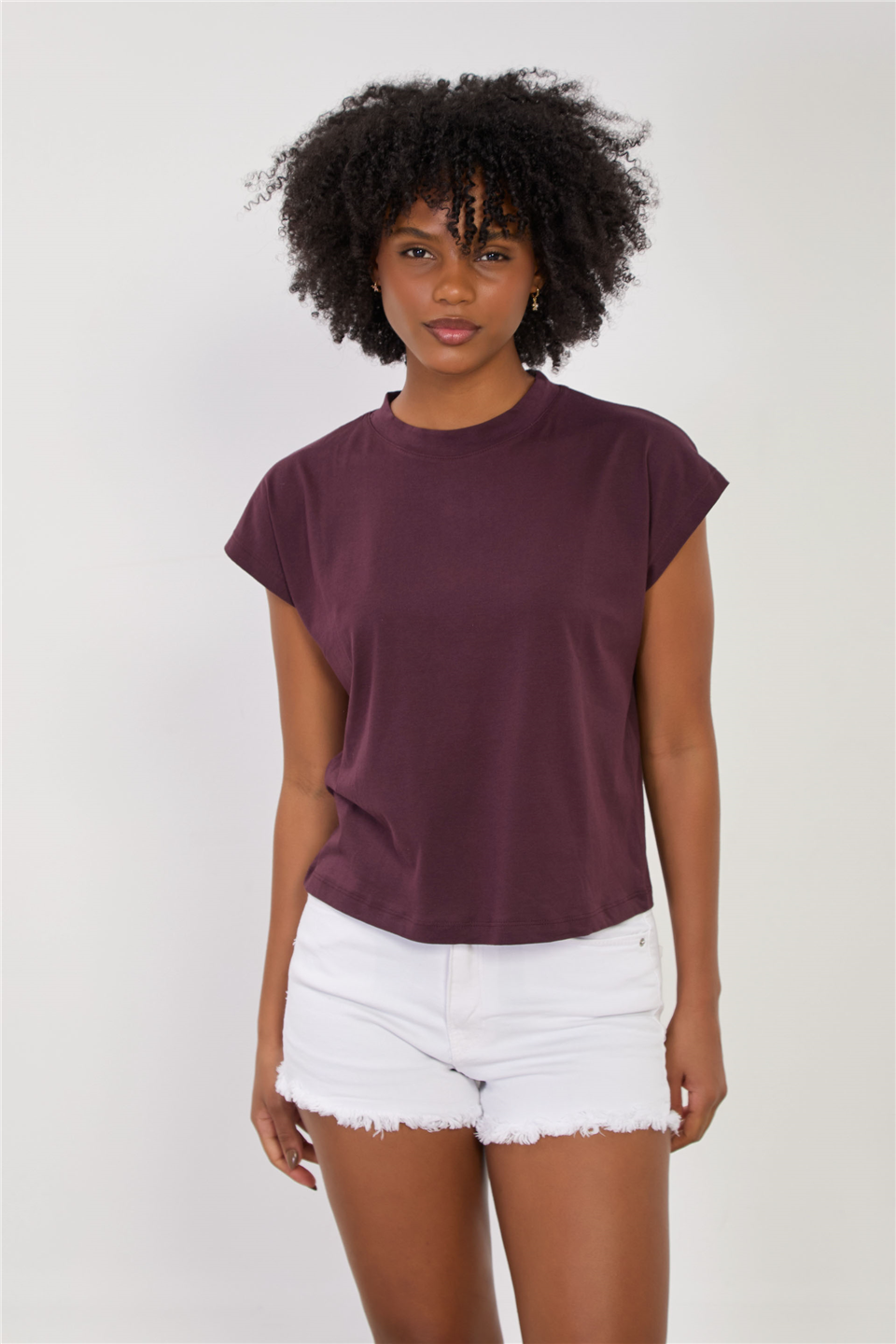 Kadın Düşük Kol Basic T-Shirt - Mürdüm