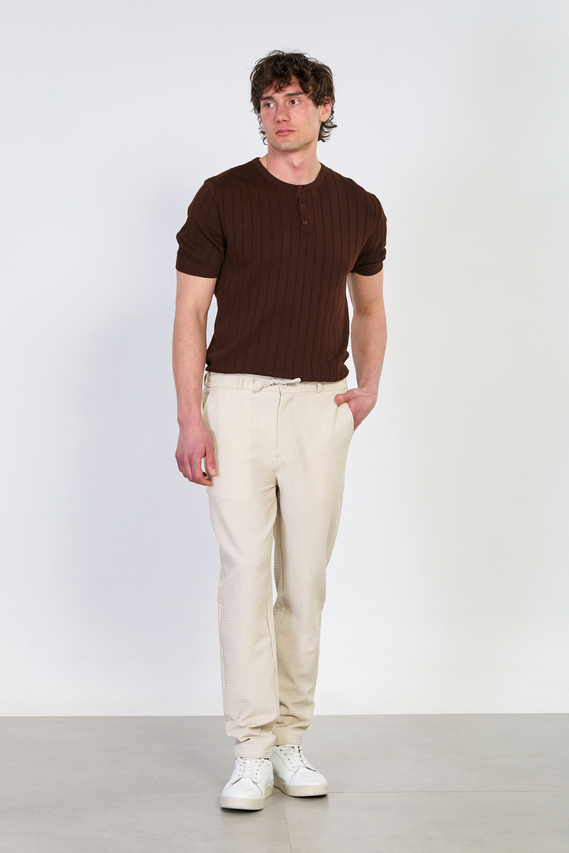 Erkek Çizgili Jogger Pantolon - Bej