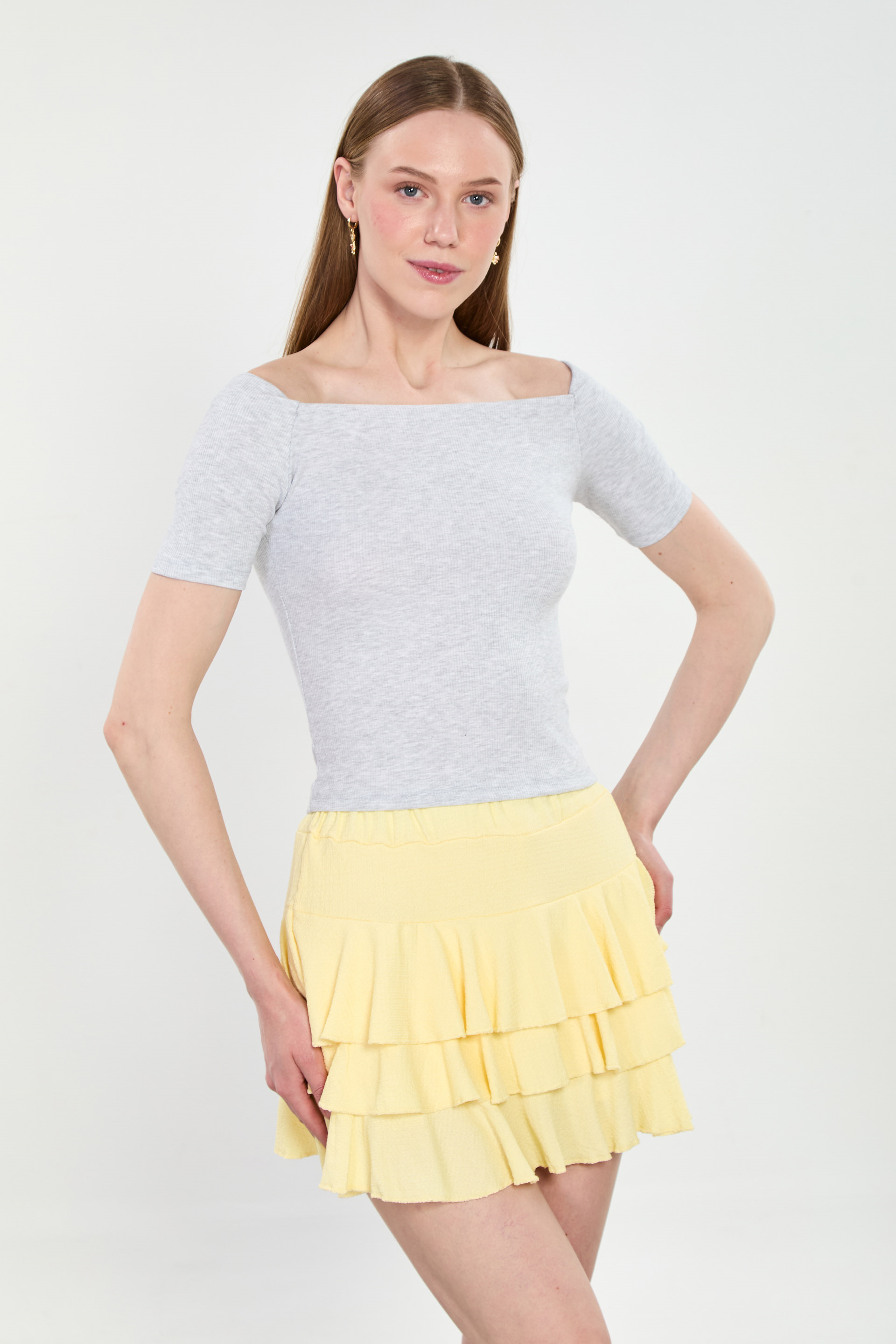 Kadın Kayık Yaka Kısa Kol Body - Kar Melanj