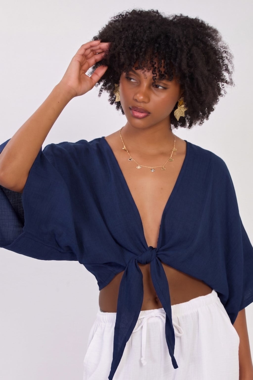 Kadın Önü Bağlamalı Crop Bluz - Lacivert