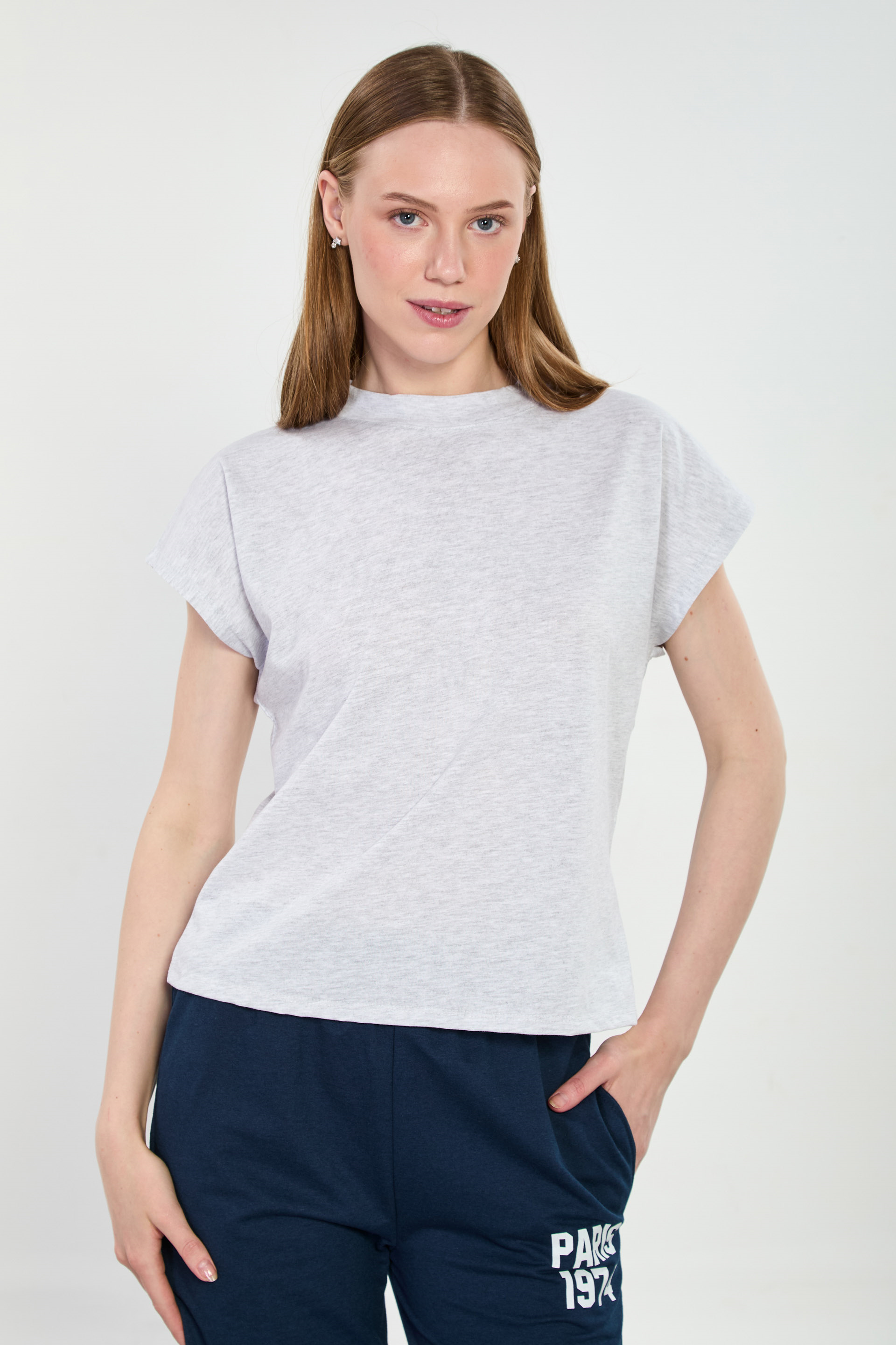 Kadın Düşük Kol Basic T-Shirt - Kar Melanj