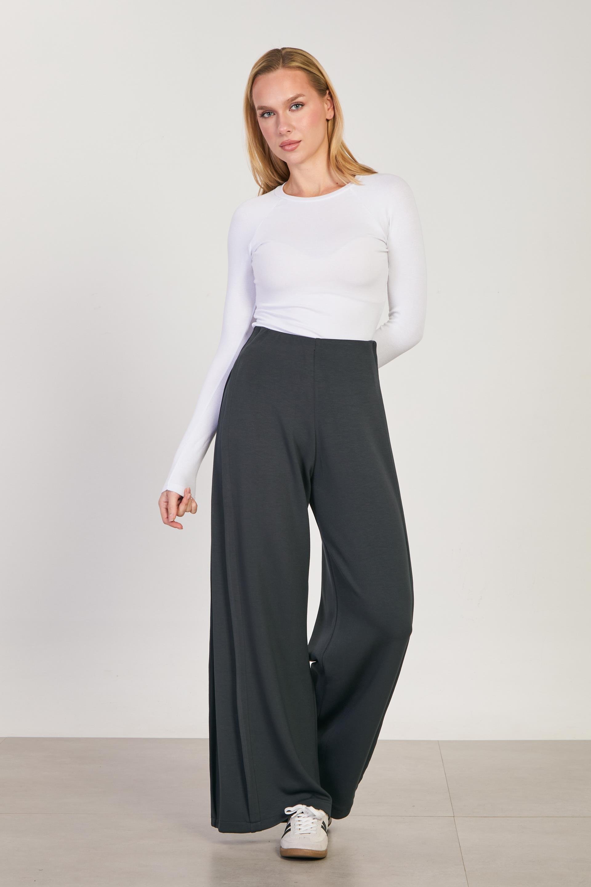 Kadın Yanları Pileli Yüksek Bel Bol Pantolon - Füme