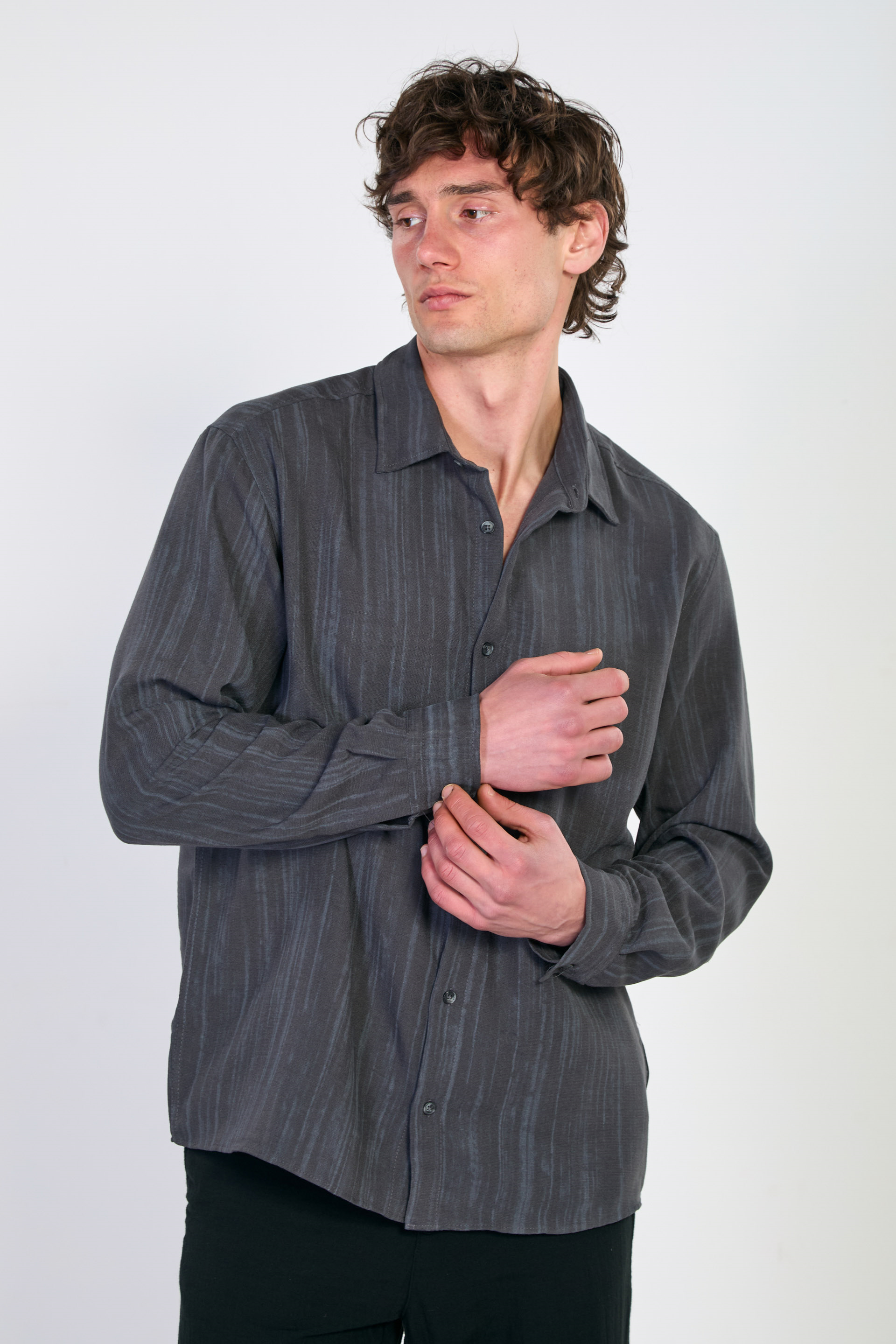 Erkek Çizgili Uzun Kollu Gömlek - Antrasit