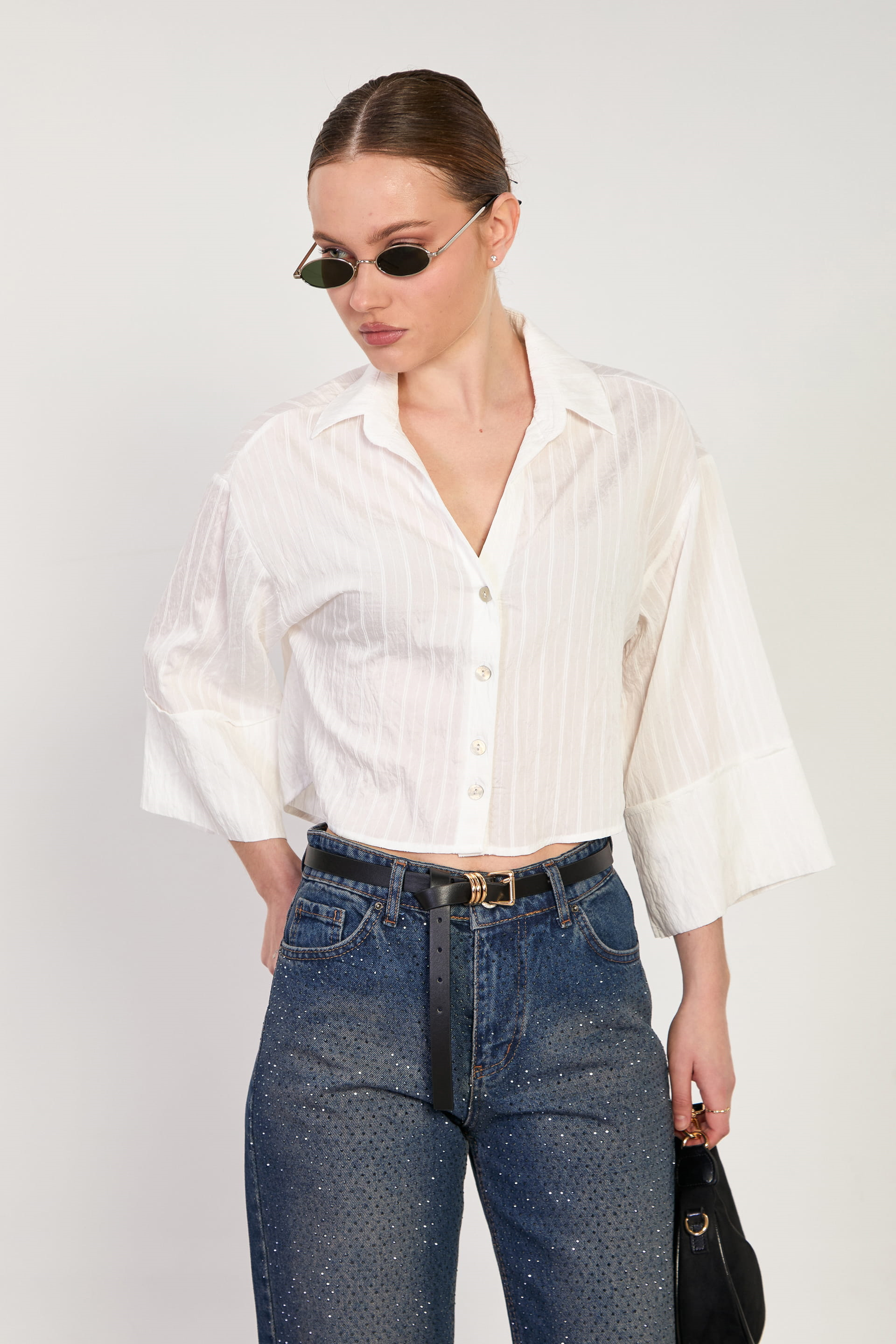 Kadın V Yaka Kısa Çizgili Gömlek - Ekru