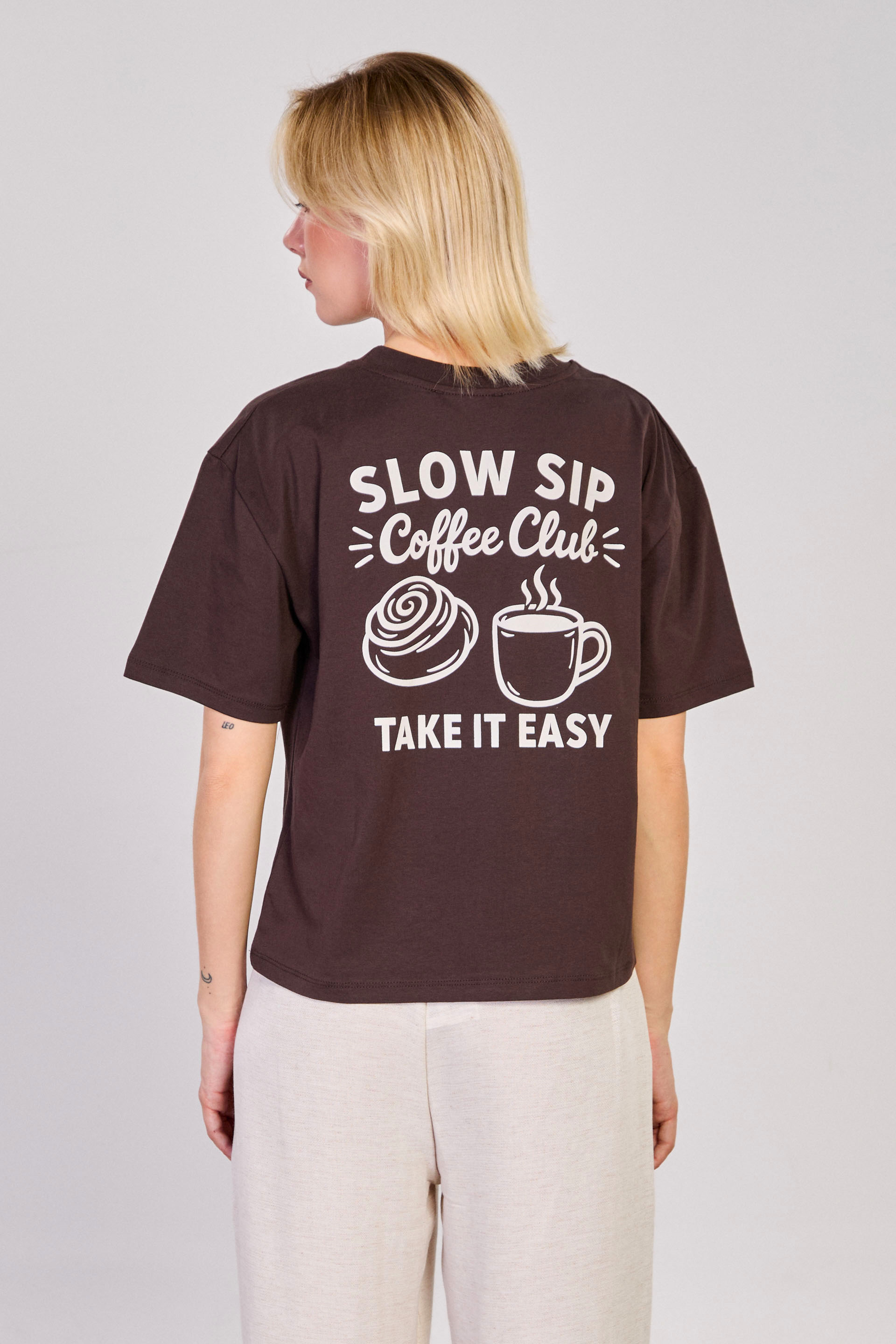 Kadın Ön Arka Baskılı Oversize T-Shirt - Kahve