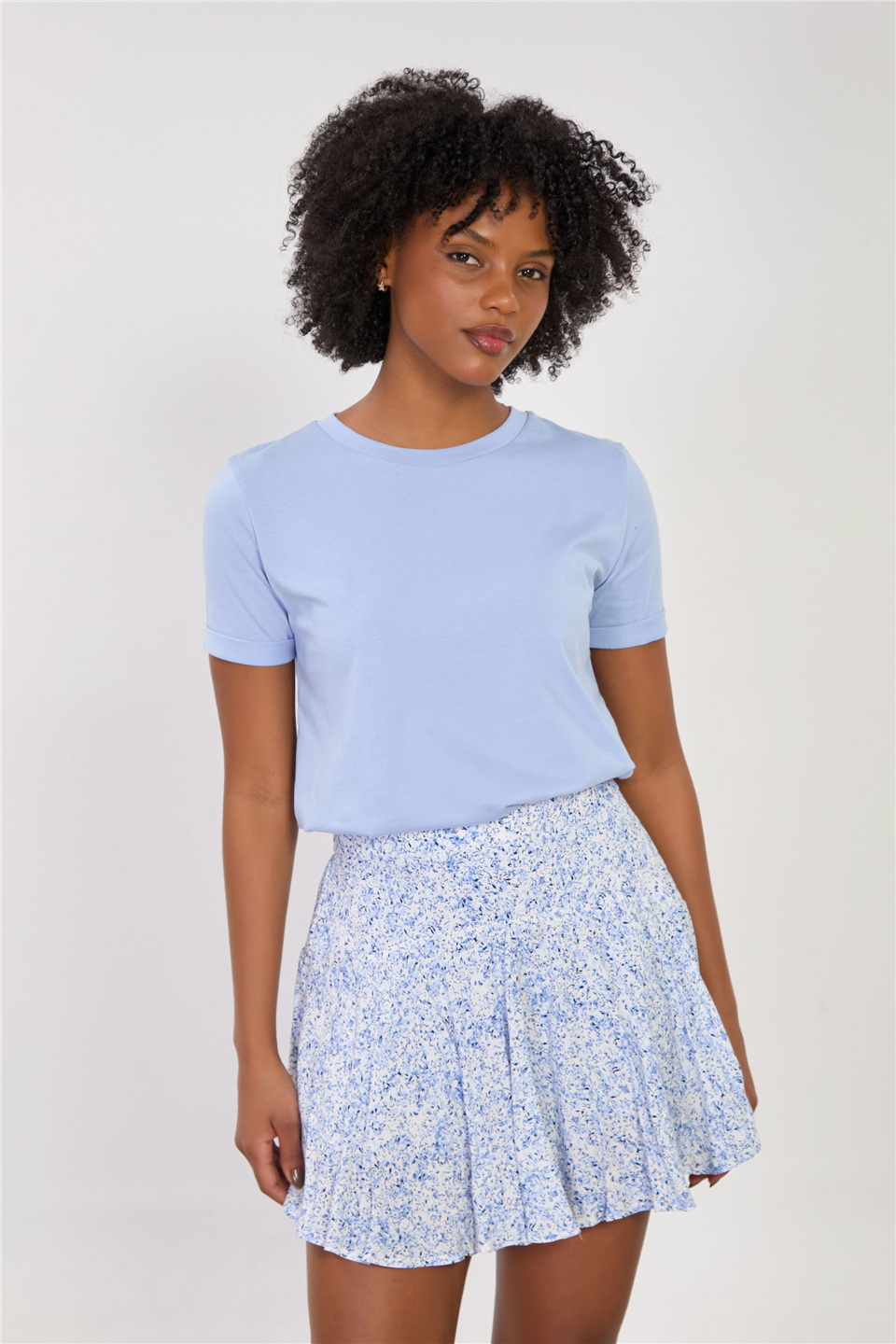Kadın Bisiklet Yaka Double Kol Basic T-Shirt - Bebe Mavi
