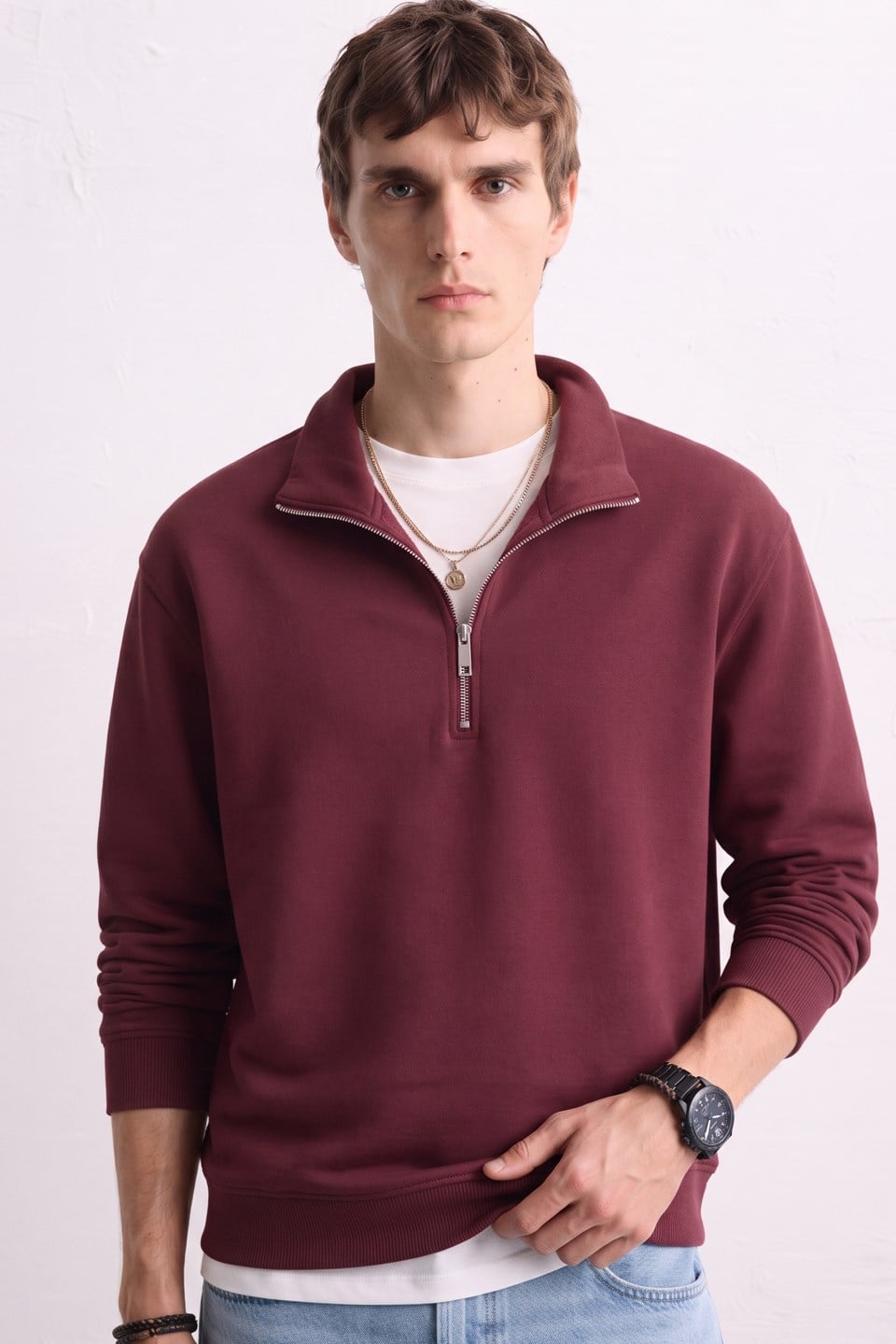 Erkek Yarım Fermuarlı Dik Yaka Sweatshirt - Vişne