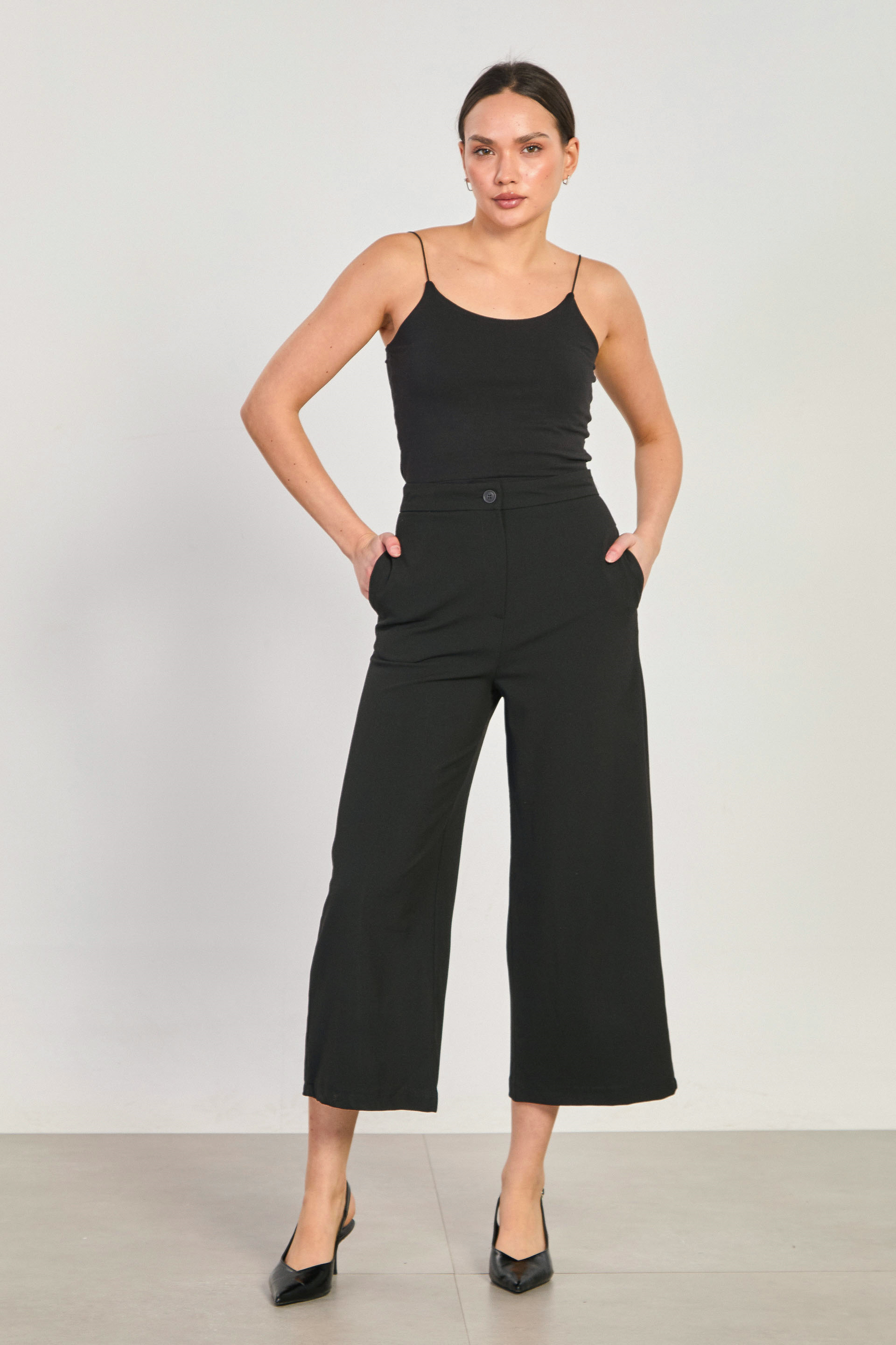 Kadın Yüksek Bel Bol Paça Culotte Pantolon - Siyah