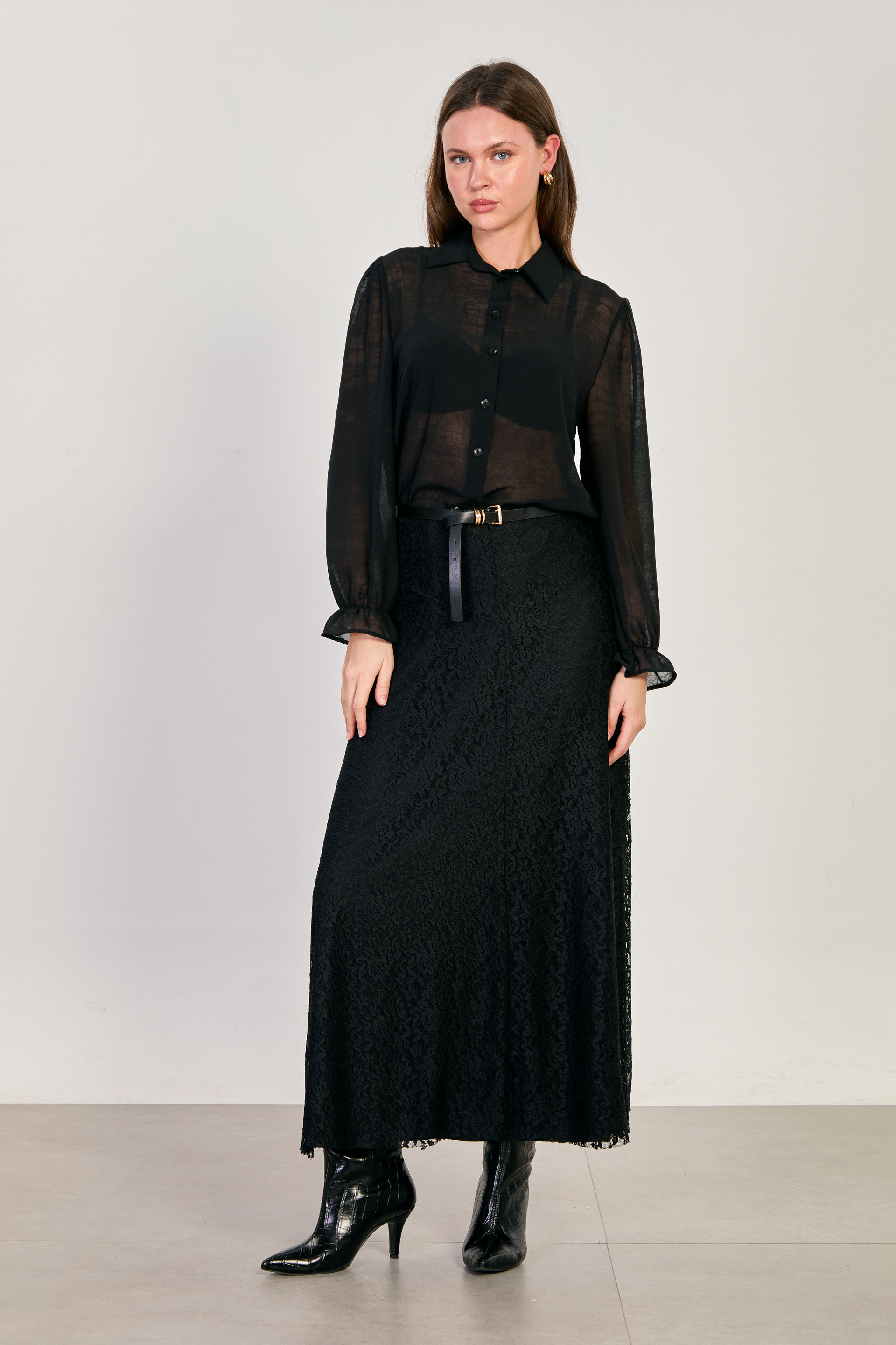 Kadın Dantelli Uzun Etek - Siyah