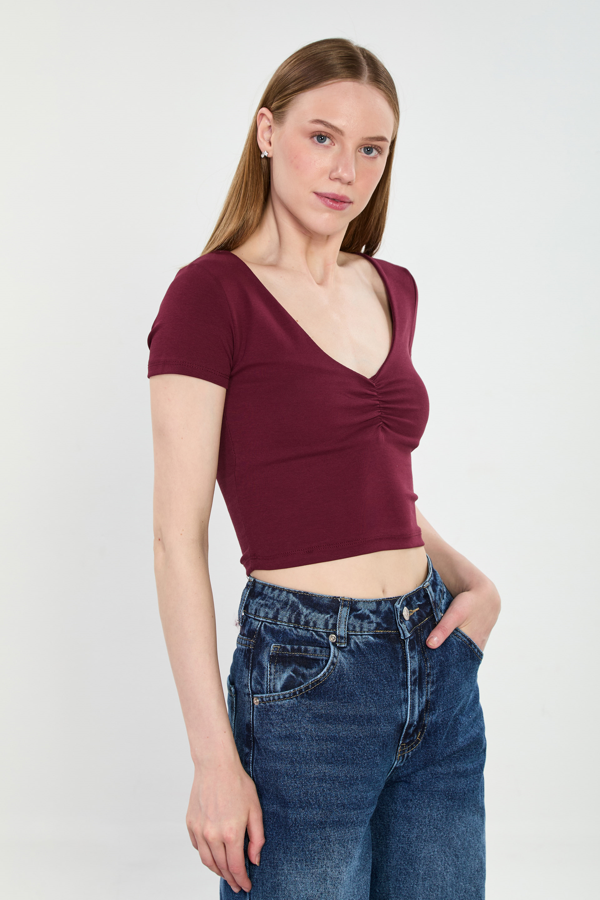 Kadın Önü Büzgülü V Yaka Body - Bordo