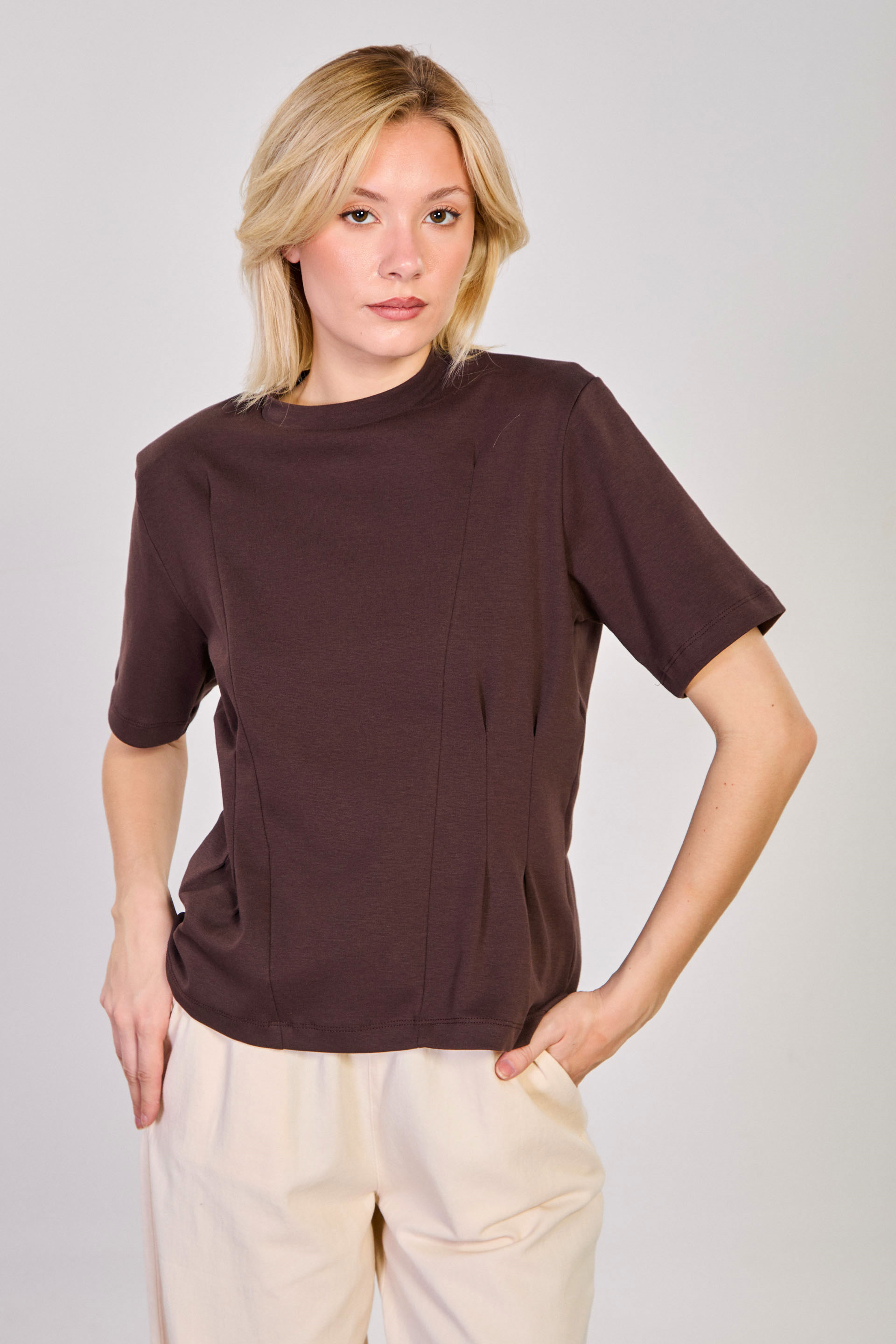 Kadın Vatkalı Fit Kesimli T-Shirt - Kahve