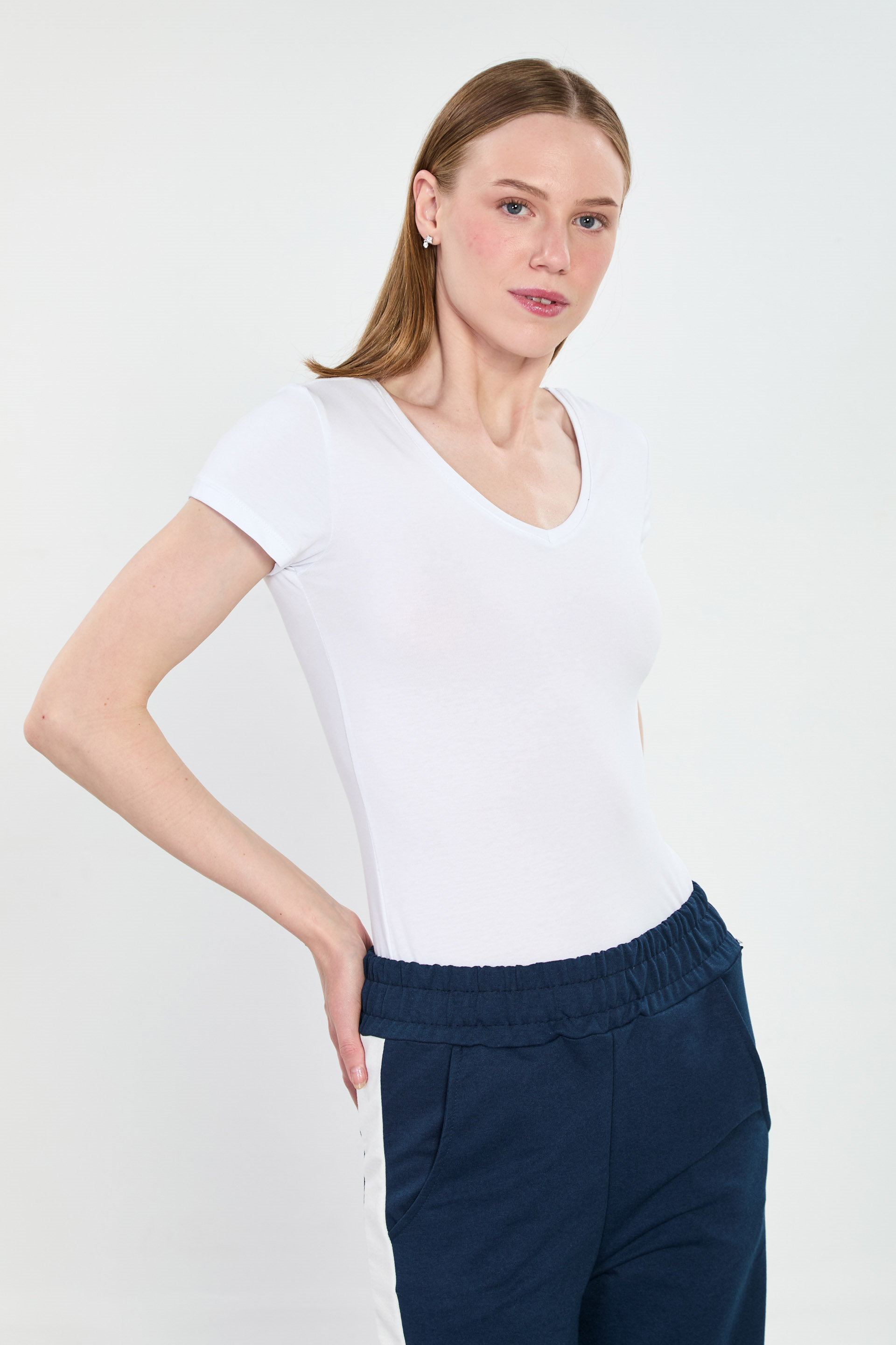 Kadın Ön Arka V Yaka Kısa Kol Body - Beyaz