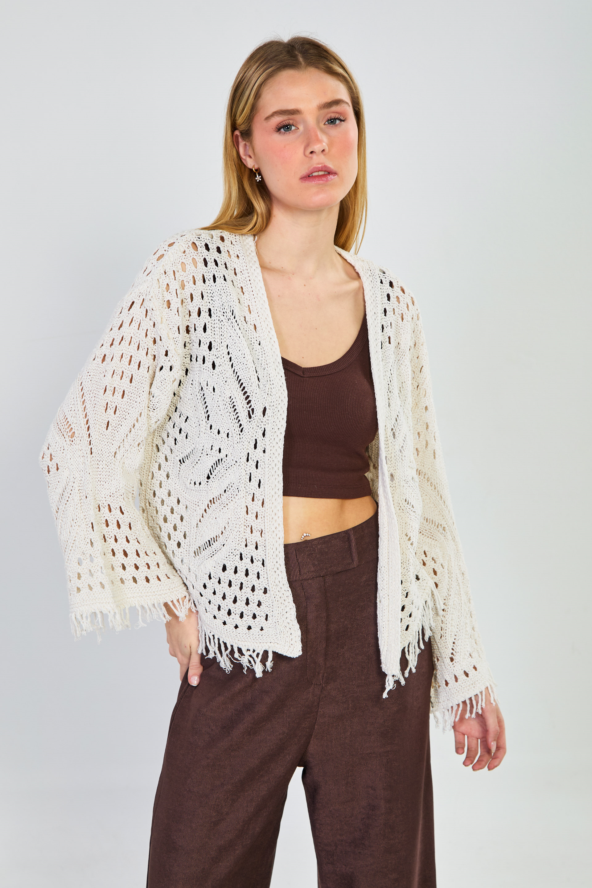 Kolları ve etek ucu püsküllü ajurlu hırka-1569 Natural