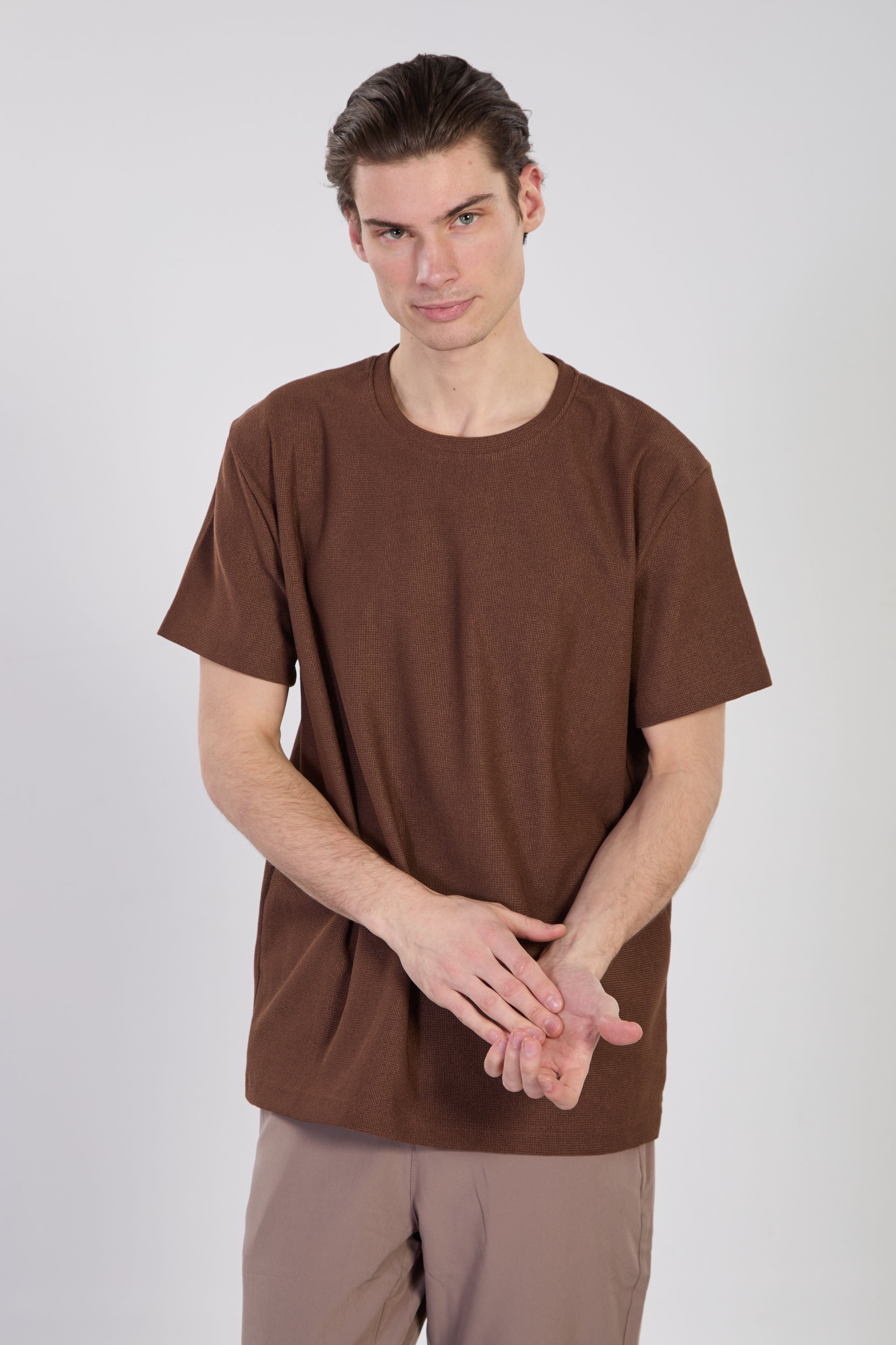 Erkek Bisiklet Yaka Dokulu T-Shirt - Kiremit