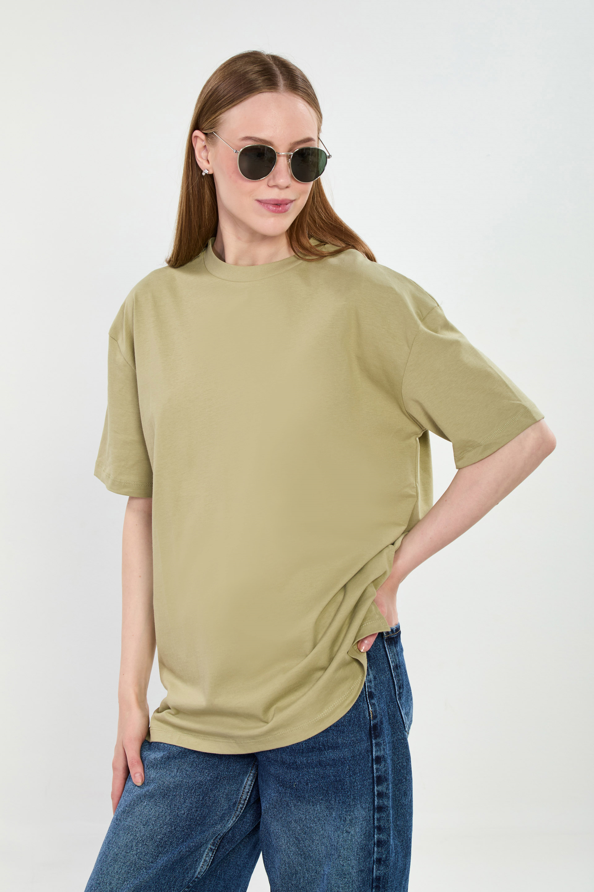 Kadın Bisiklet Yaka Yanı Yırtmaçlı Basic T-Shirt - Haki