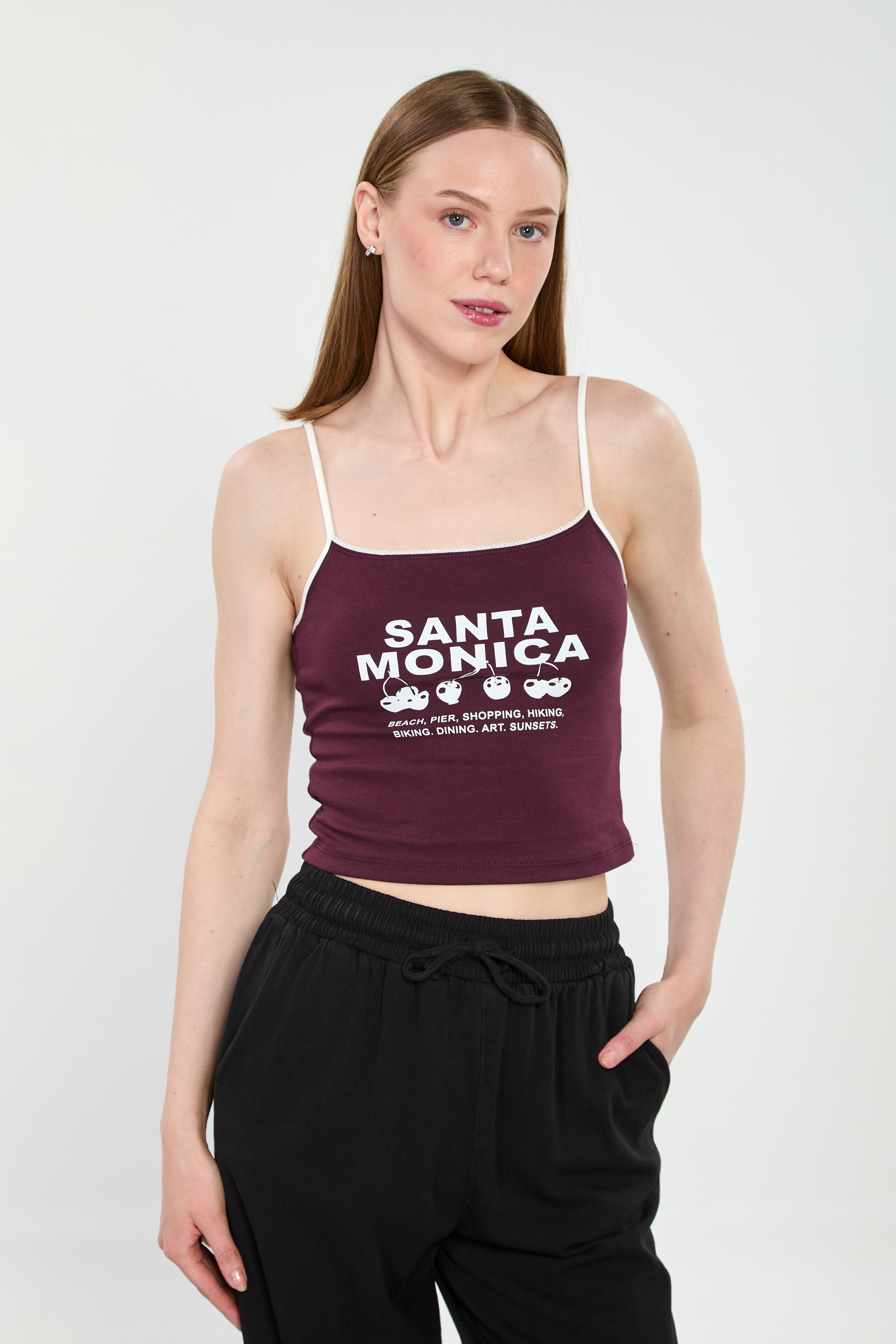 Kadın Santa Monica Yazılı İp Askılı Crop Top - Mürdüm