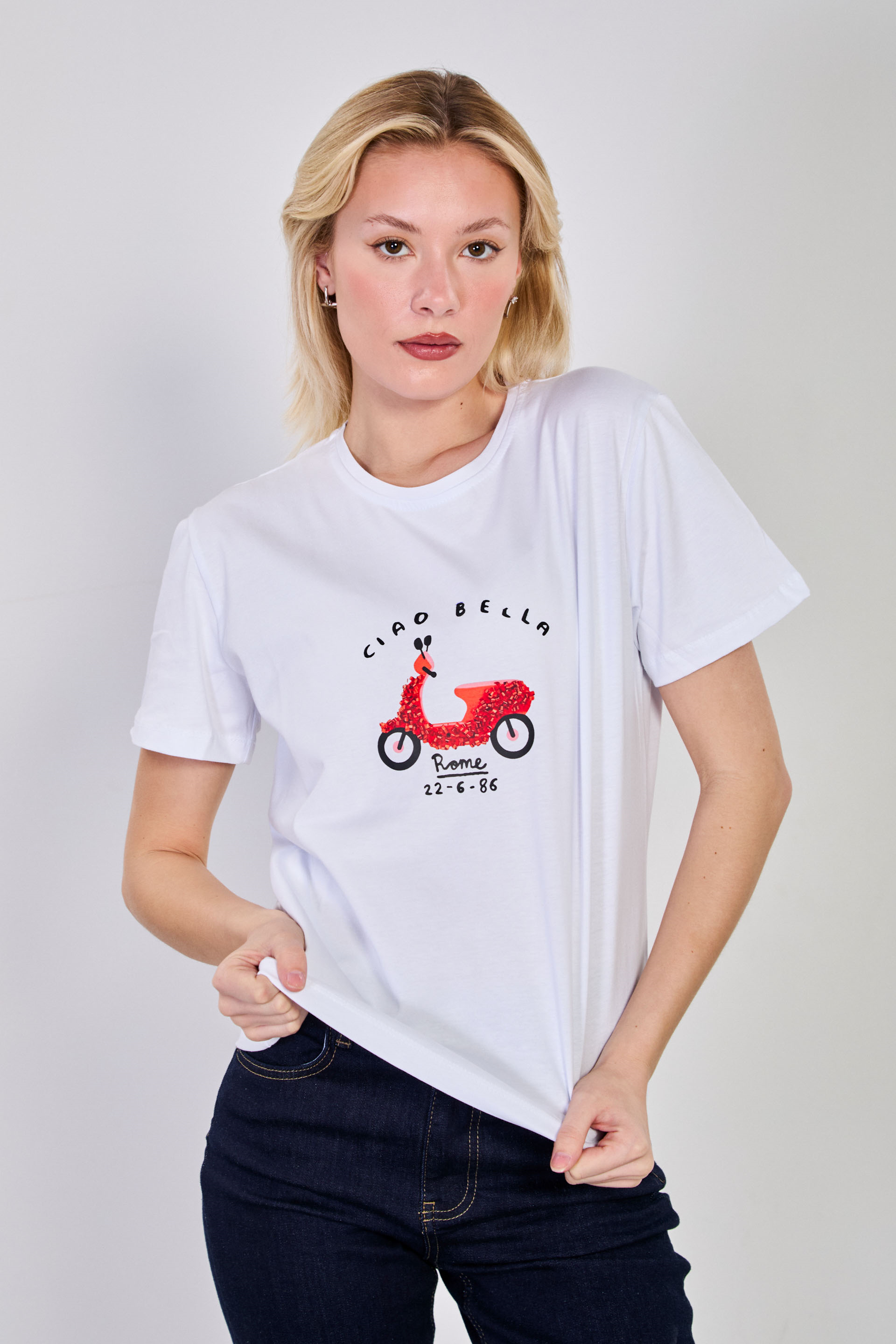 Kadın Bisiklet Baskılı T-Shirt - Beyaz