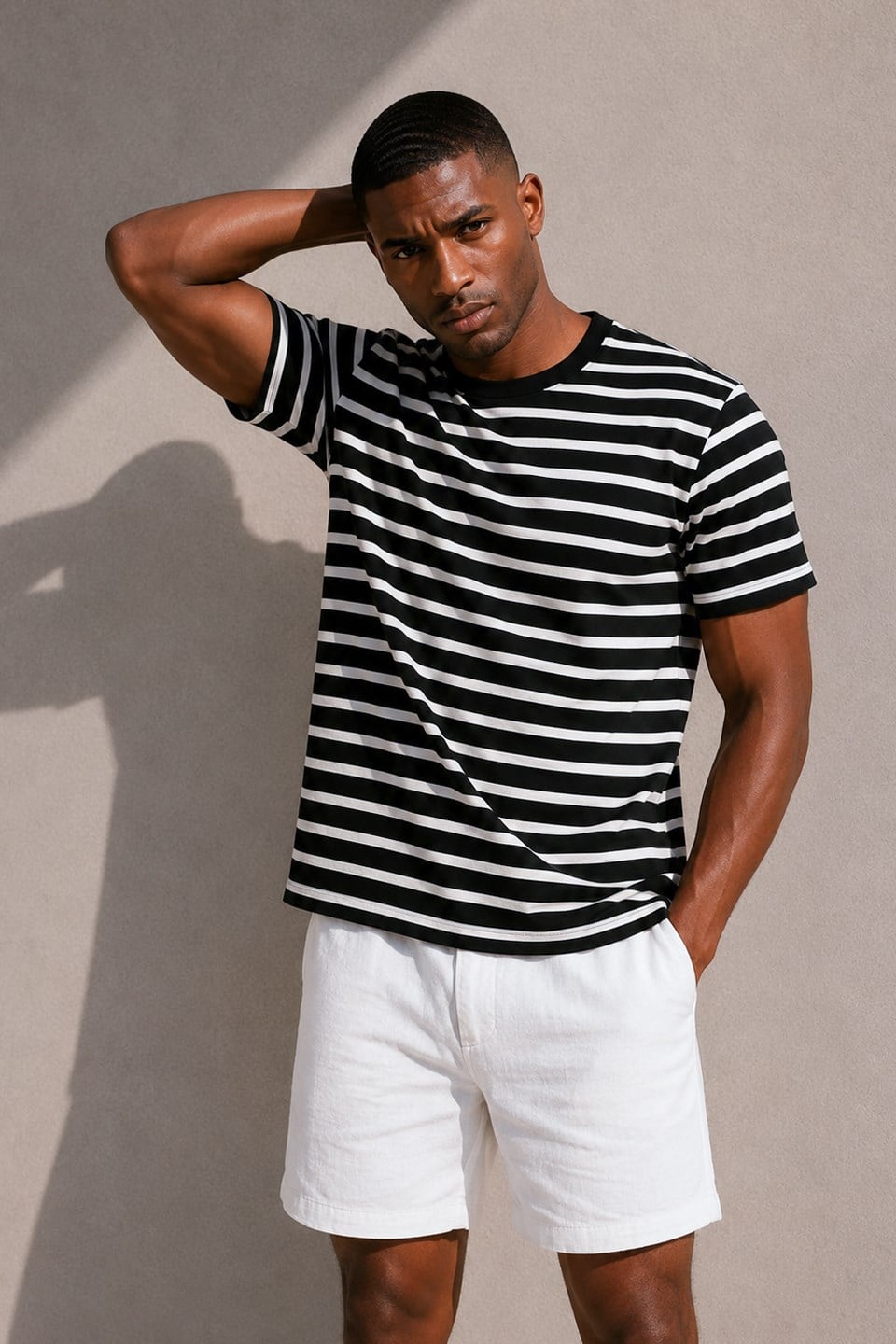 Erkek İnce Çizgili Oversize T-Shirt - Siyah