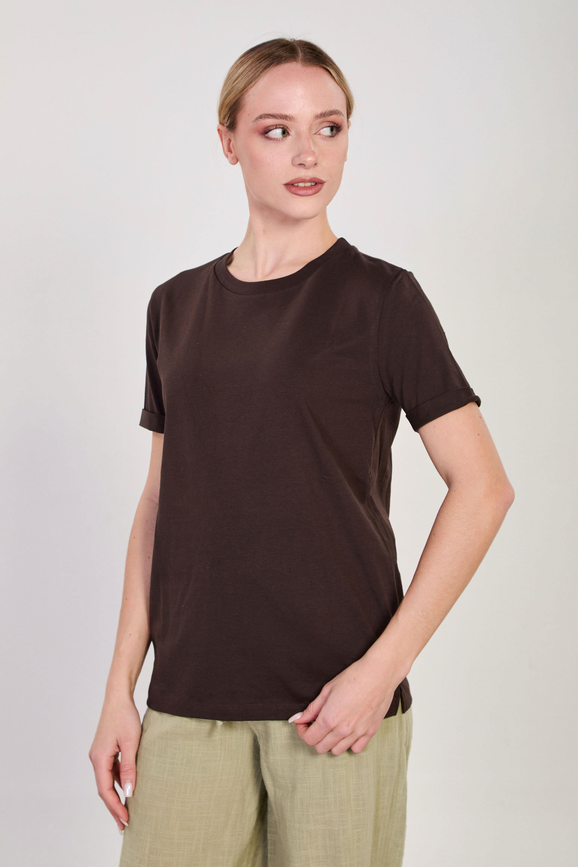 Kadın Bisiklet Yaka Double Kol Basic T-Shirt - Acı Kahve