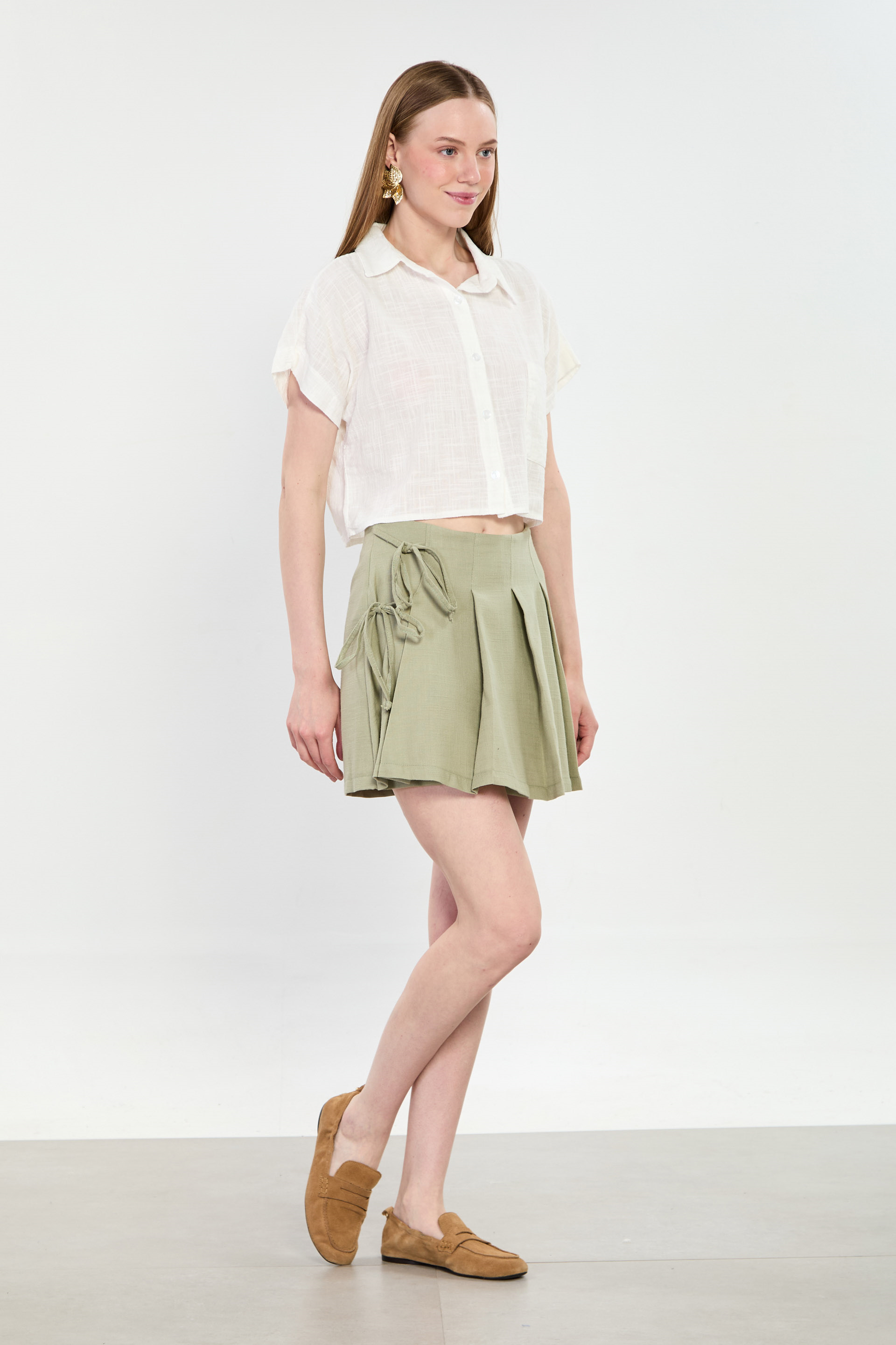 Kadın Yanı Bağlamalı Pileli Şort Etek - Olive