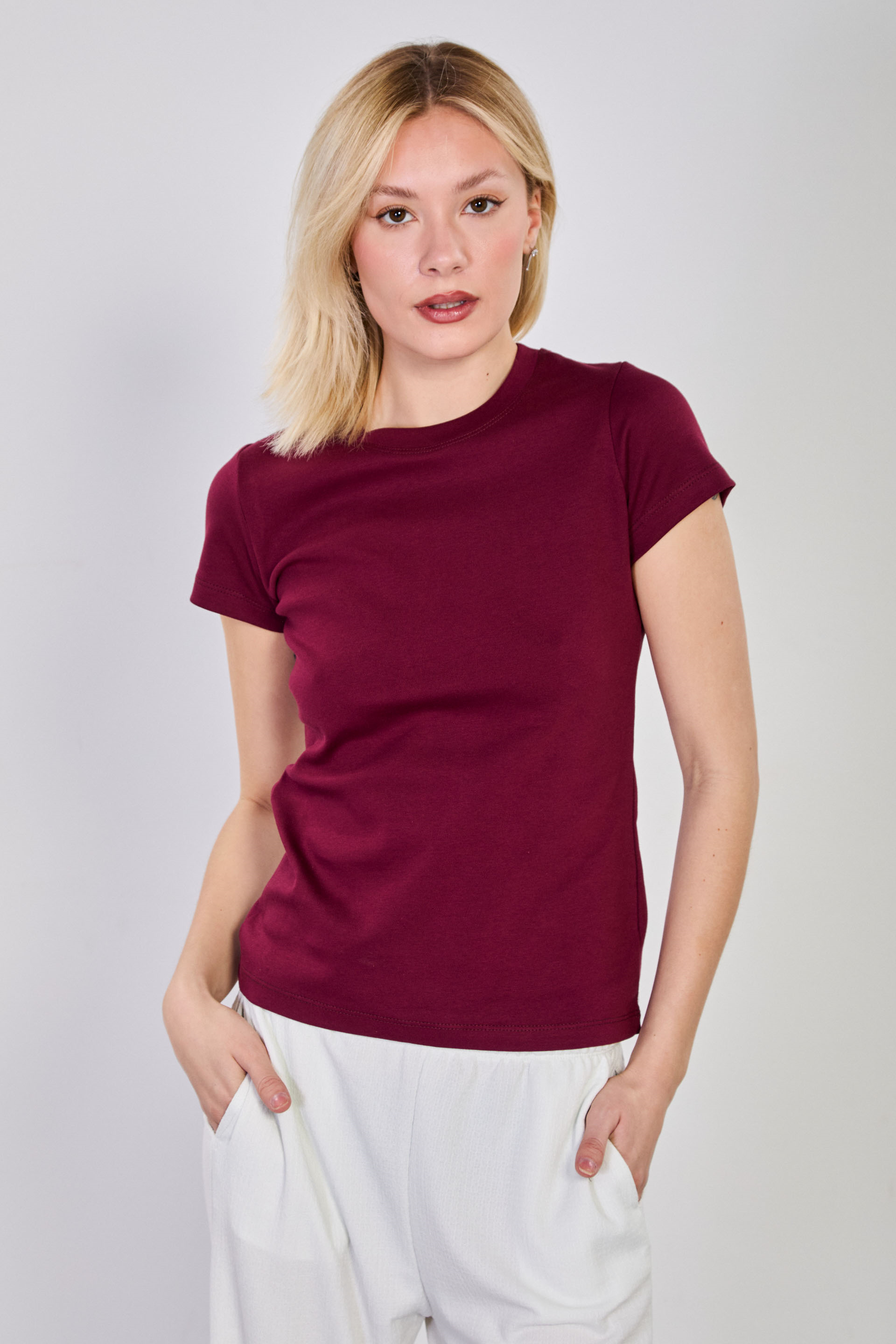 Kadın Bisiklet Yaka Kısa Kol Body - Vişne