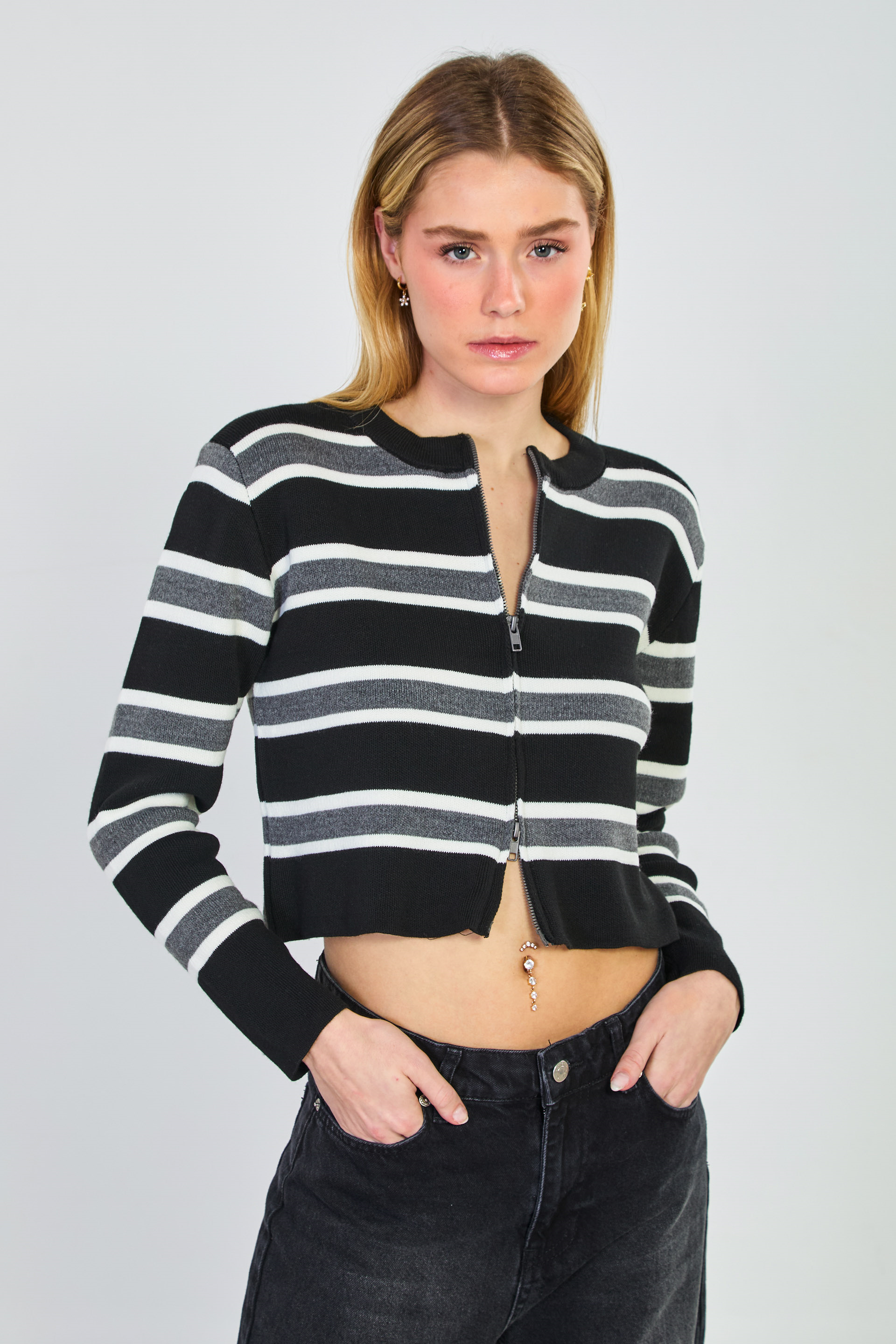 Kadın Çizgili Çift Fermuarlı Hırka - Siyah