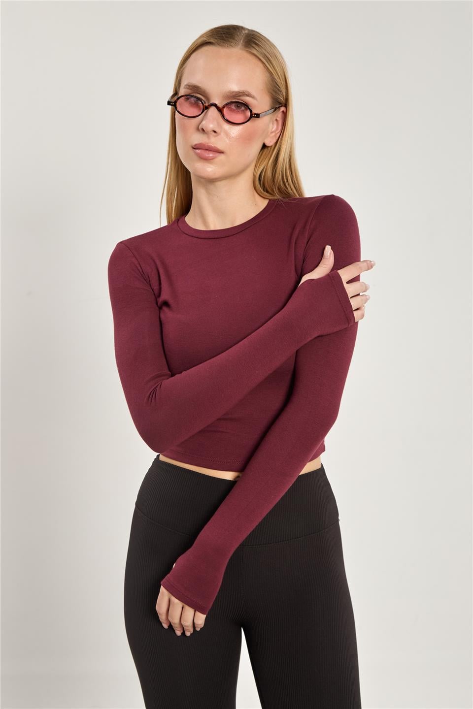 Kadın Bisiklet Yaka Parmak Geçmeli Uzun Kol Body - Bordo