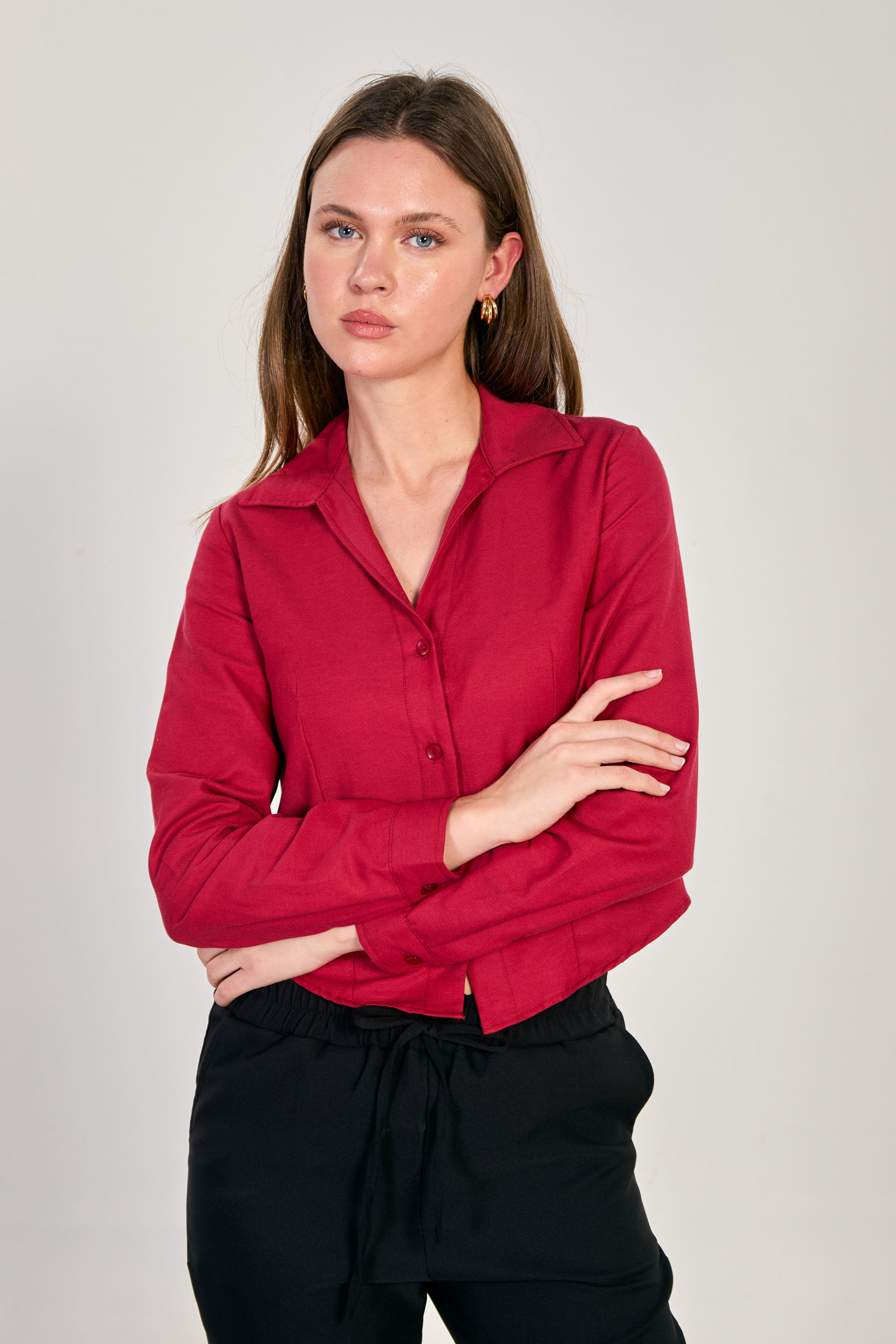 Kadın Çift Düğmeli Oxford Gömlek - Bordo