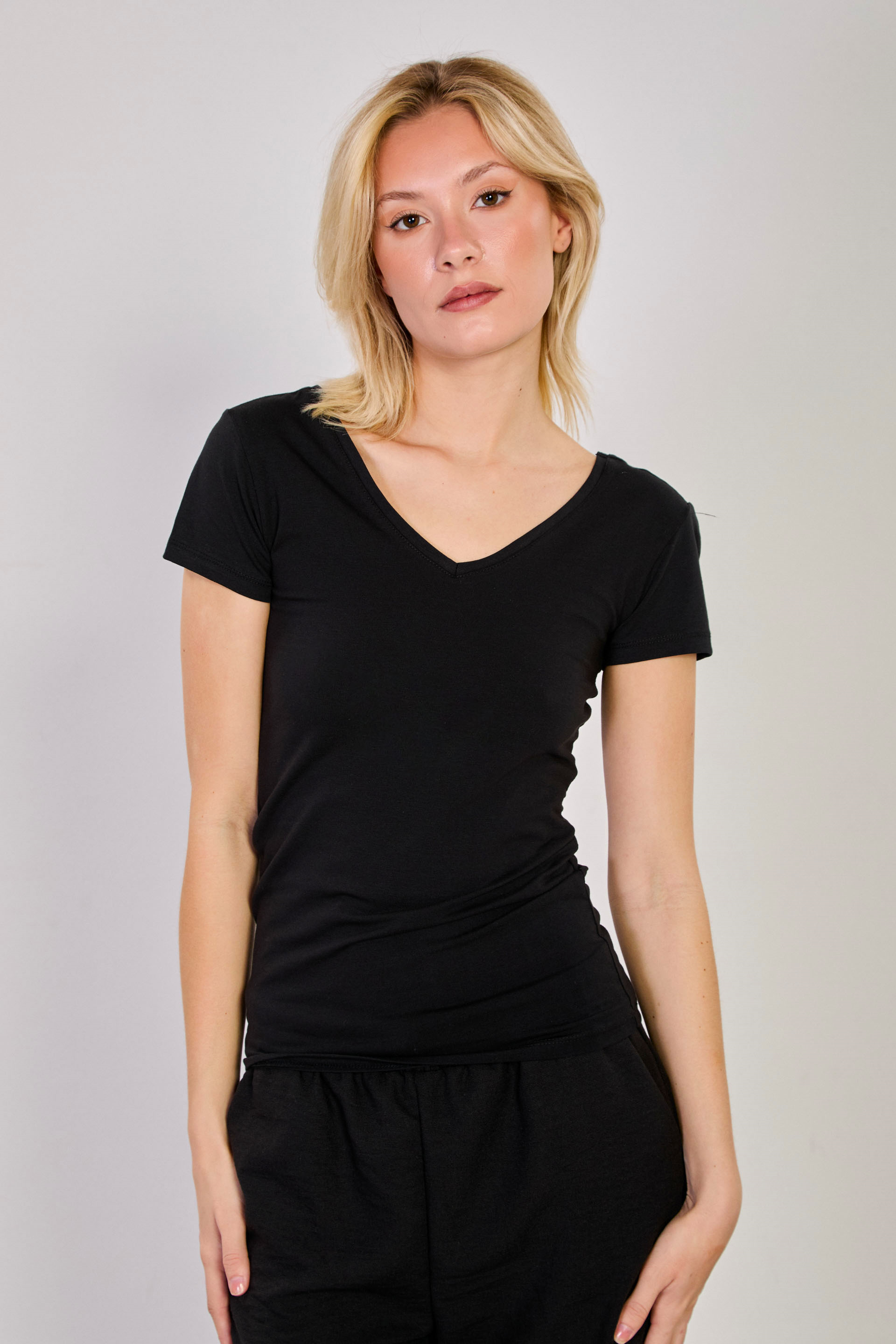 Kadın Ön Arka V Yaka Kısa Kol Body - Siyah