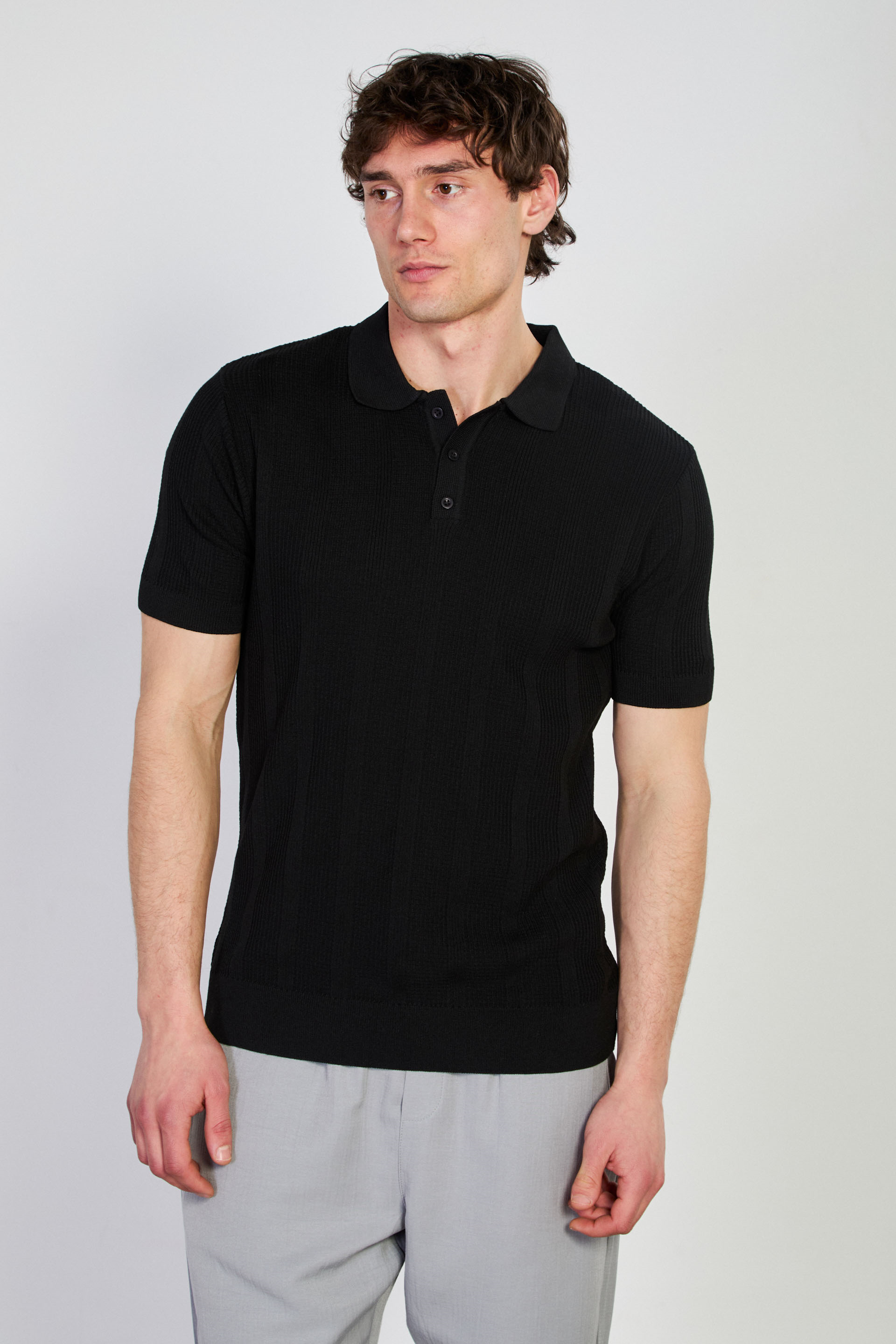 Erkek Dokulu Polo Yaka Düğmeli Triko T-Shirt - Siyah