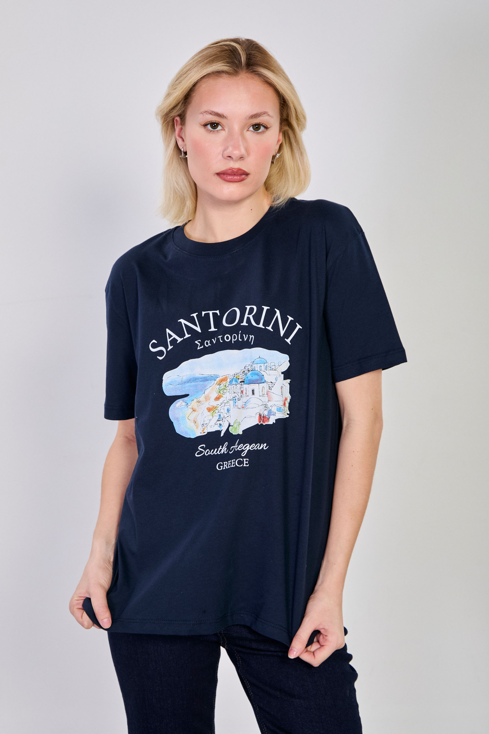 Kadın Santorini Baskılı T-Shirt - Lacivert