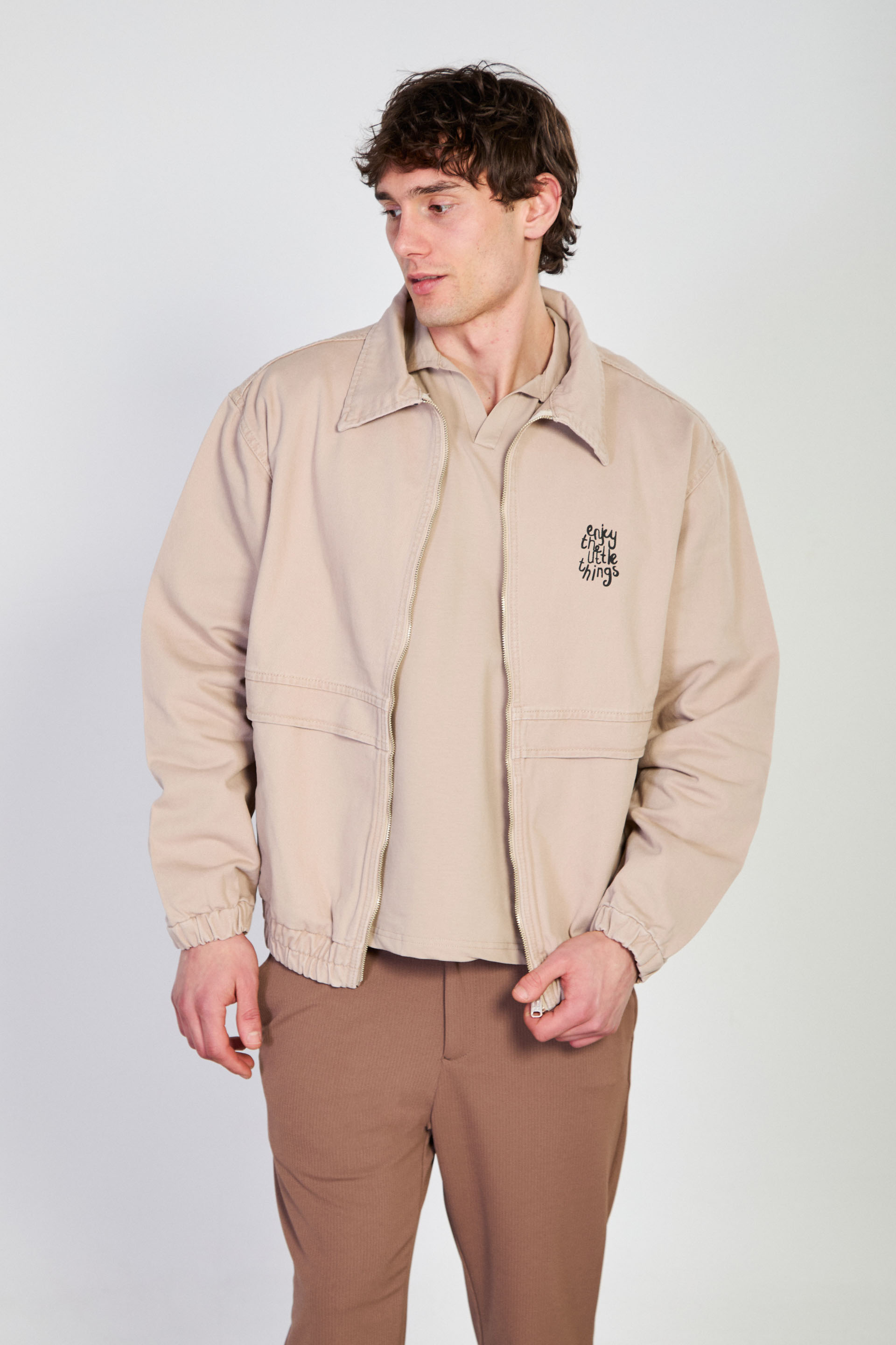 Erkek Beli Lastikli Fermuar Polo Yaka Ceket - Bej