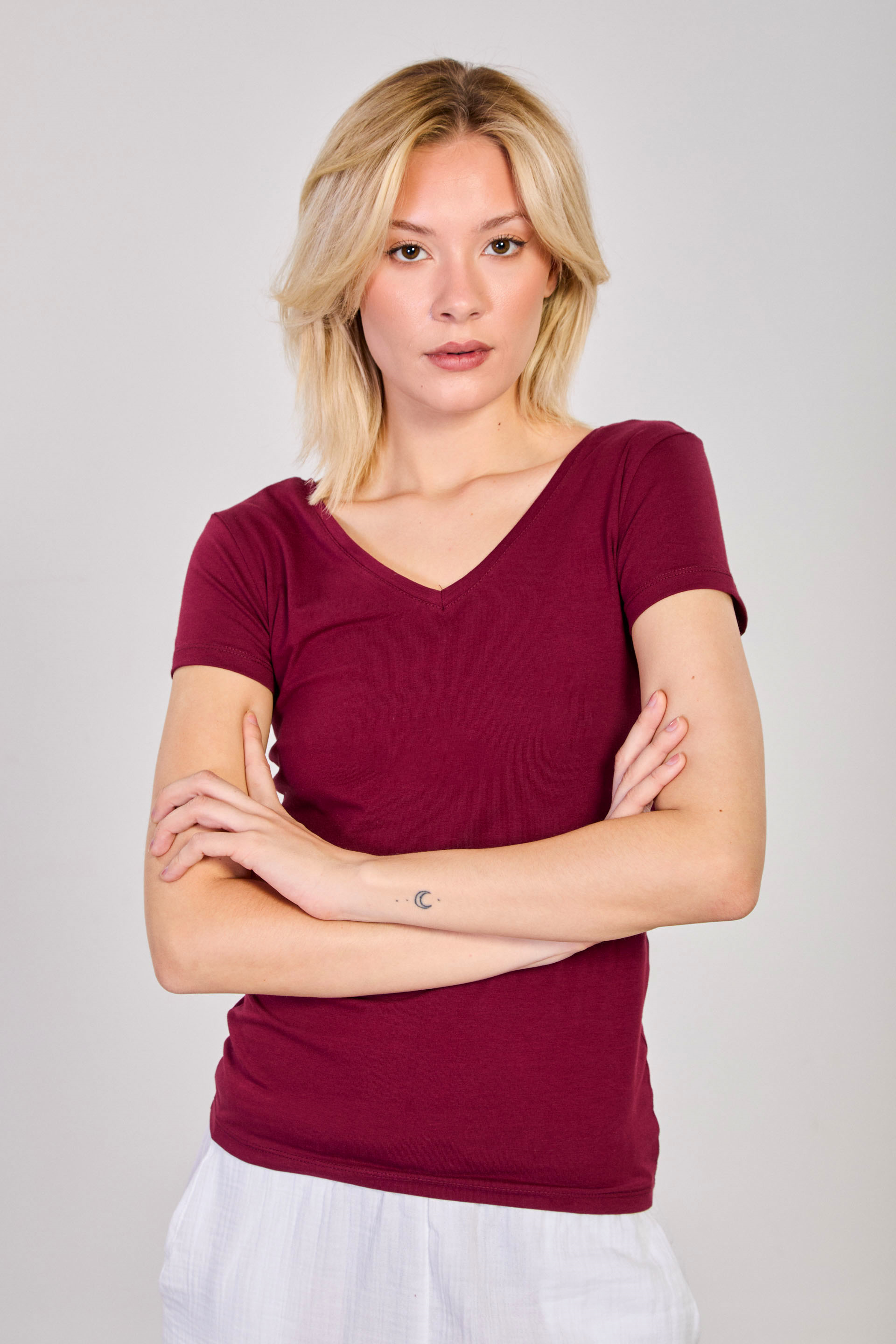 Kadın Ön Arka V Yaka Kısa Kol Body - Vişne