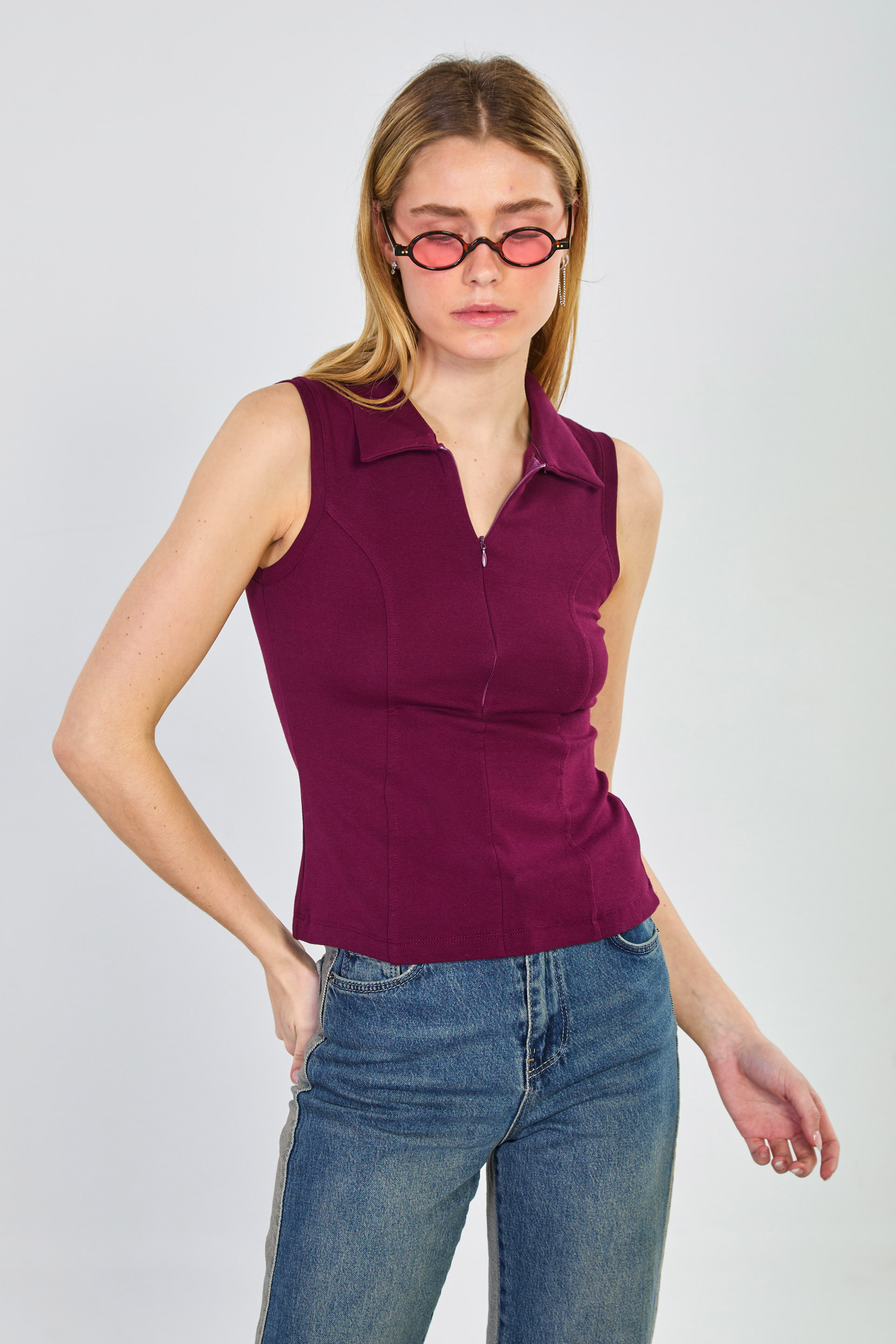 Kadın Polo Yaka Önü Fermuarlı Kolsuz Body - Bordo